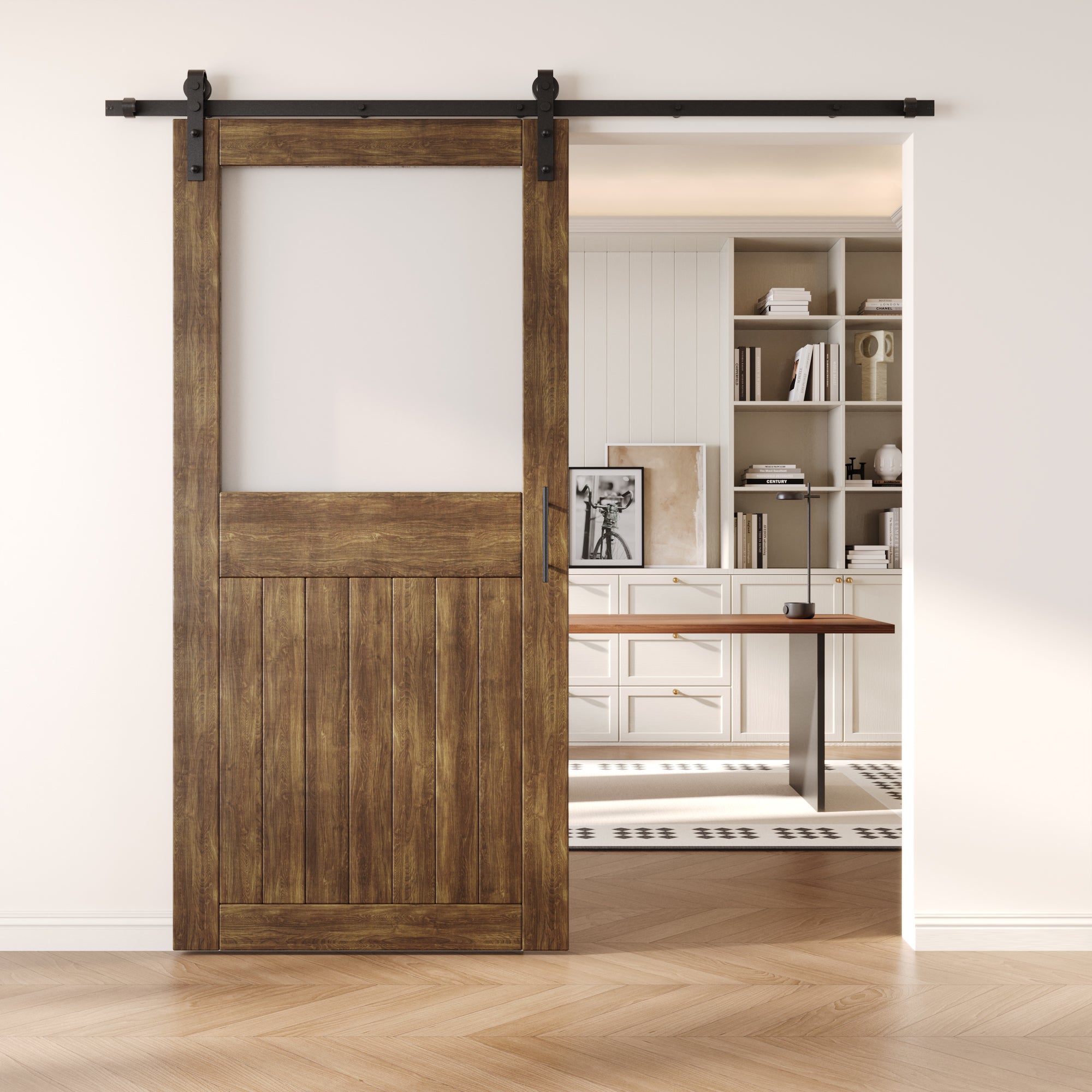 84" Height Dark Walnut Half Lite Frosted Glass Unassembled & Finished Pine Wood Barn Door with Non-Bypass Installation Hardware Kit (Interior Use Only)