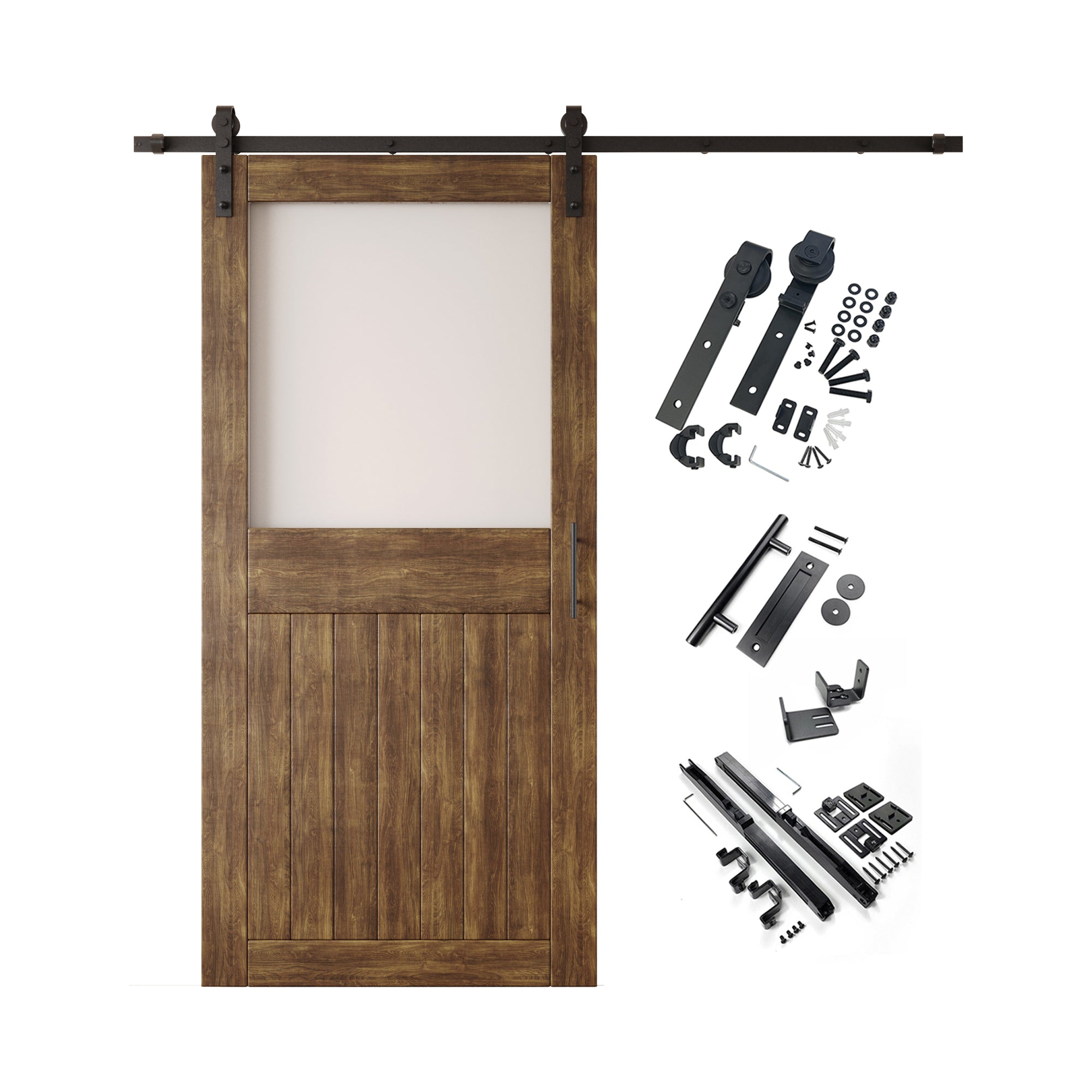 84" Height Dark Walnut Half Lite Frosted Glass Unassembled & Finished Pine Wood Barn Door with Non-Bypass Installation Hardware Kit (Interior Use Only)