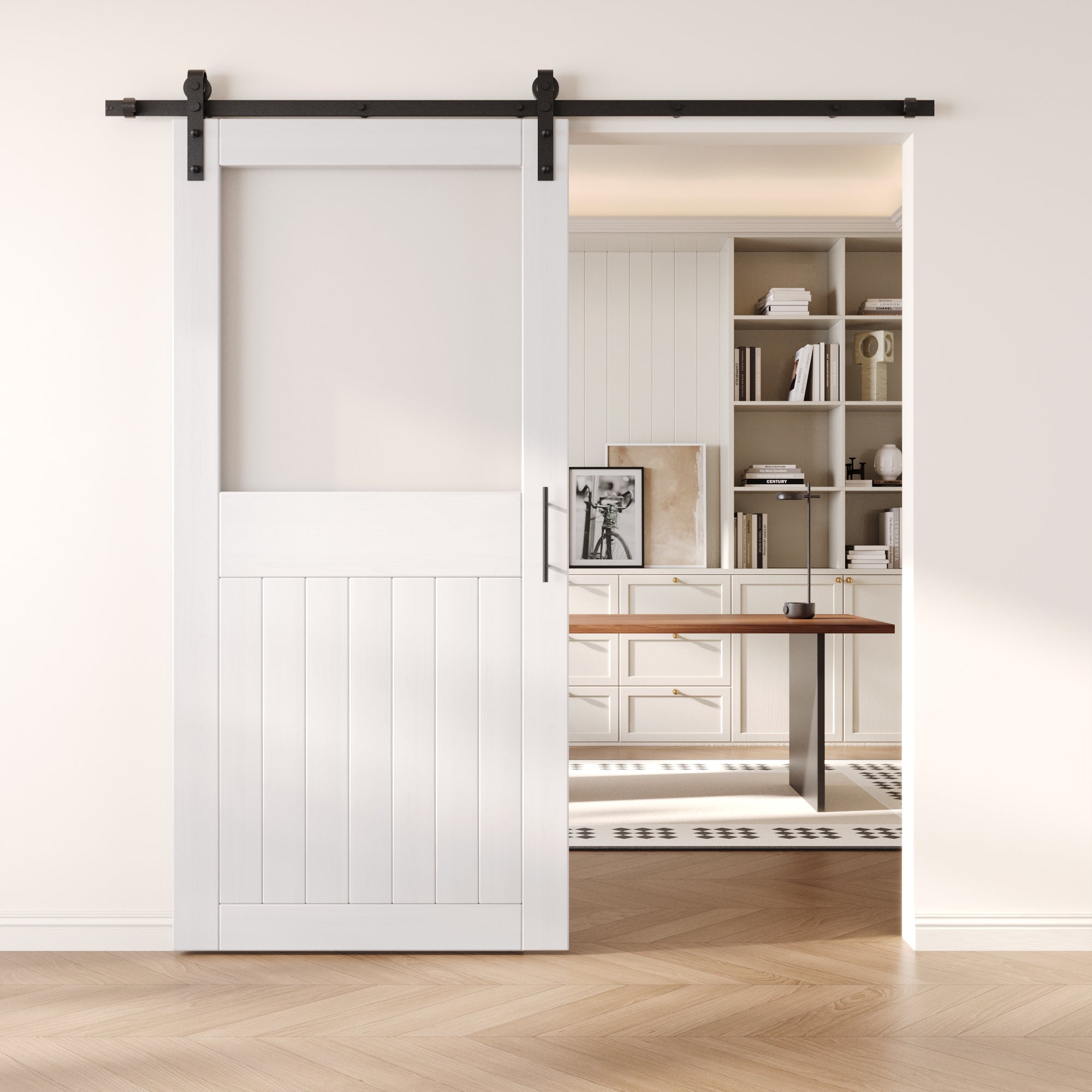 84" Height White Half Lite Frosted Glass Unassembled & Finished Pine Wood Barn Door with Non-Bypass Installation Hardware Kit (Interior Use Only)