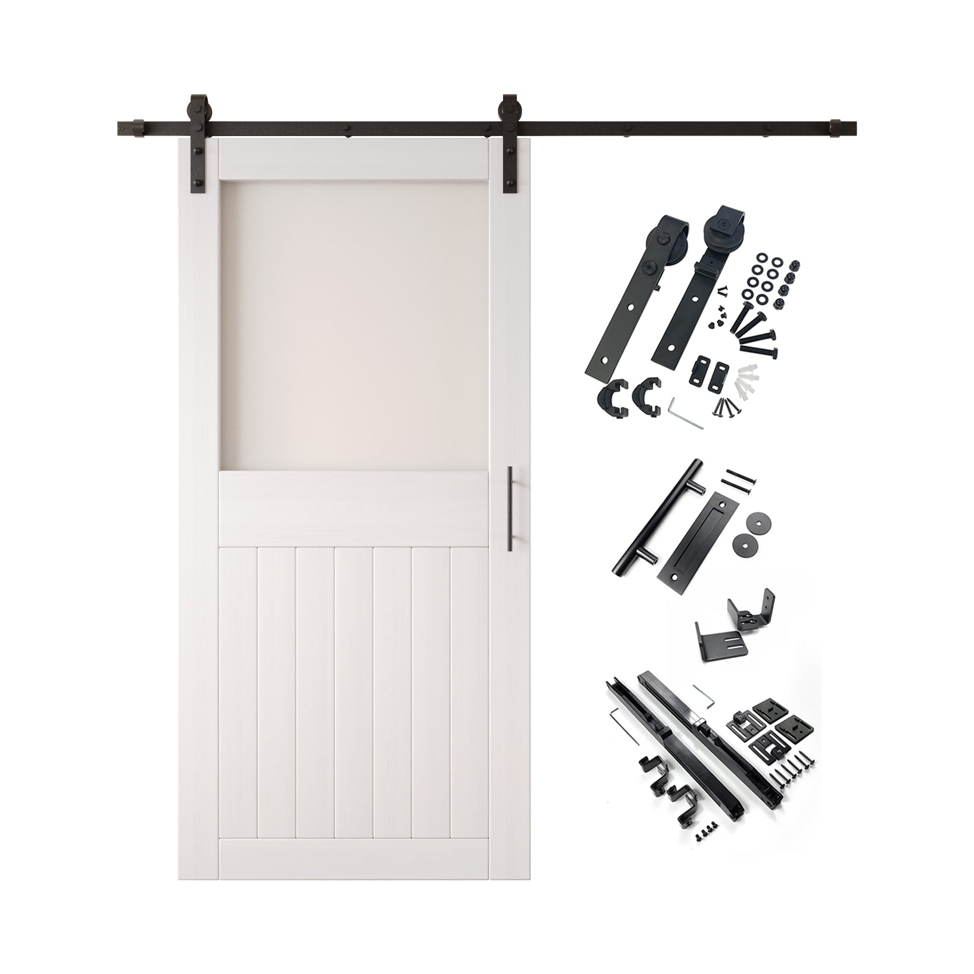 84" Height White Half Lite Frosted Glass Unassembled & Finished Pine Wood Barn Door with Non-Bypass Installation Hardware Kit (Interior Use Only)