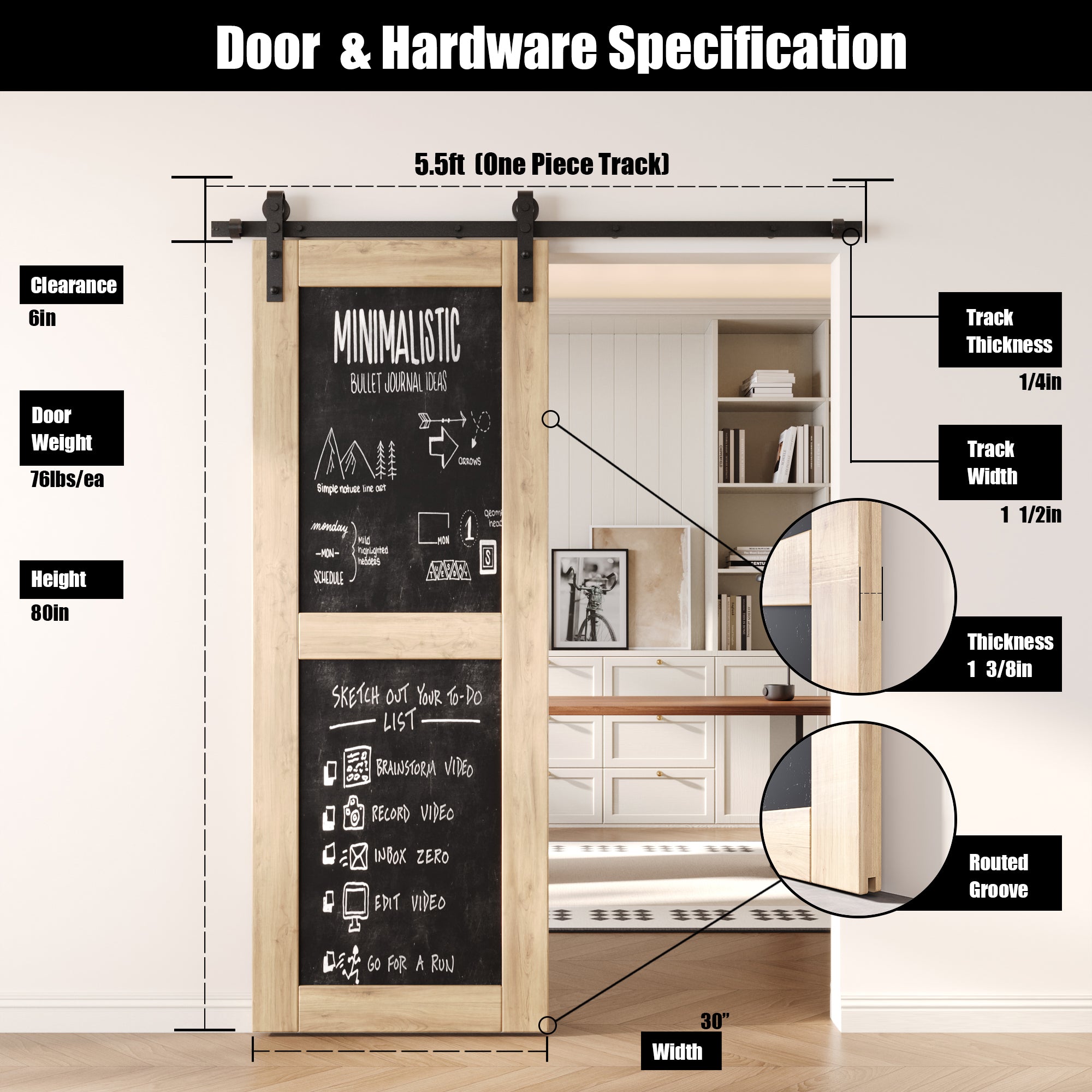 80" Height Chalkboard Design Unassembled & Unfinished Pine Wood Barn Door with Non-Bypass Installation Hardware Kit (Interior Use Only)