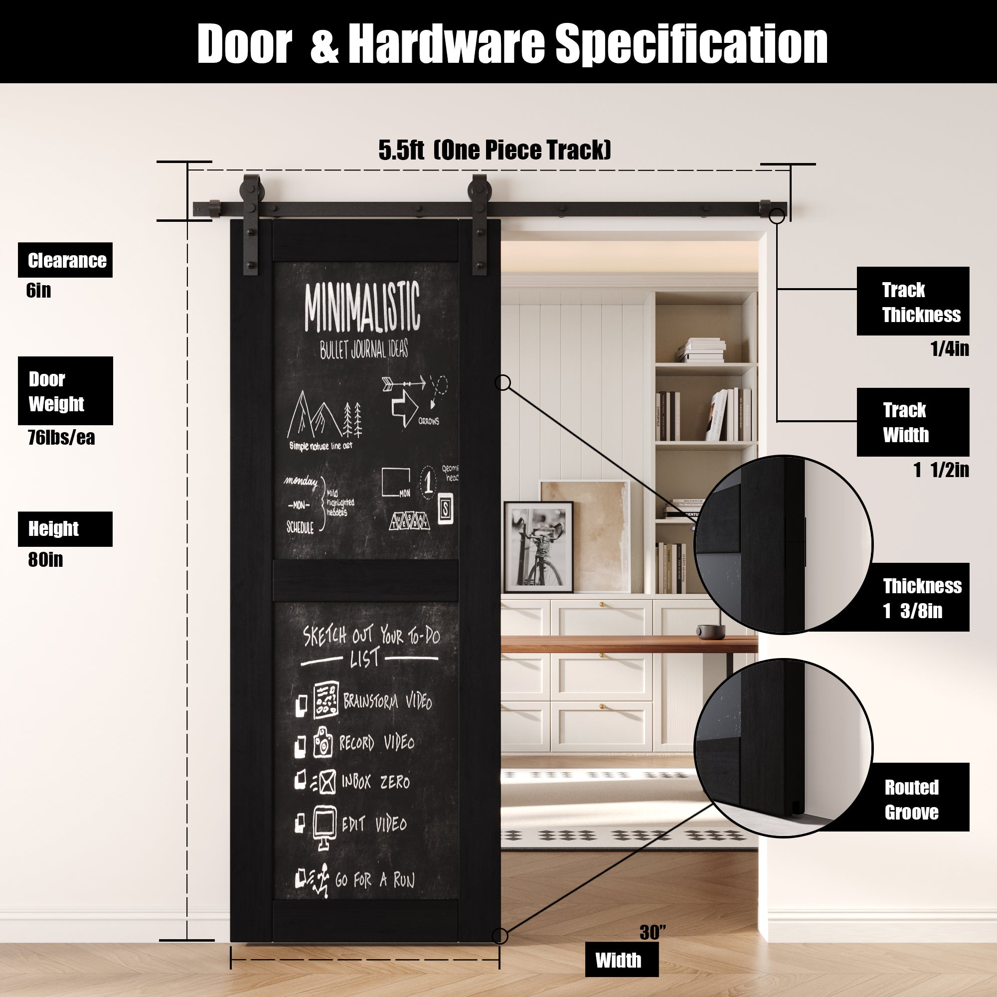 80" Height Black Chalkboard Design Unassembled & Finished Pine Wood Barn Door with Non-Bypass Installation Hardware Kit (Interior Use Only)
