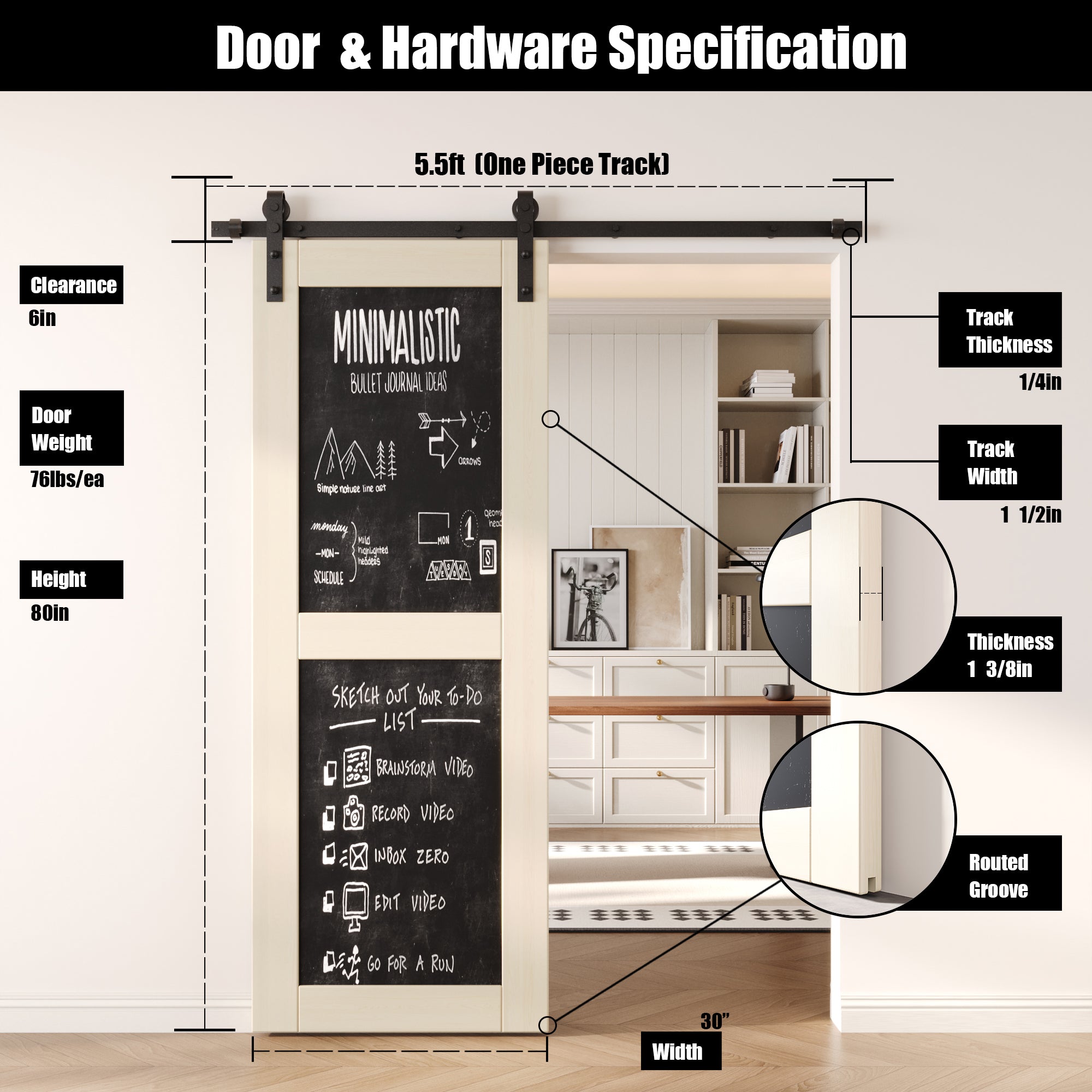 80" Height Tinsmith Gray Chalkboard Design Unassembled & Finished Pine Wood Barn Door with Non-Bypass Installation Hardware Kit (Interior Use Only)