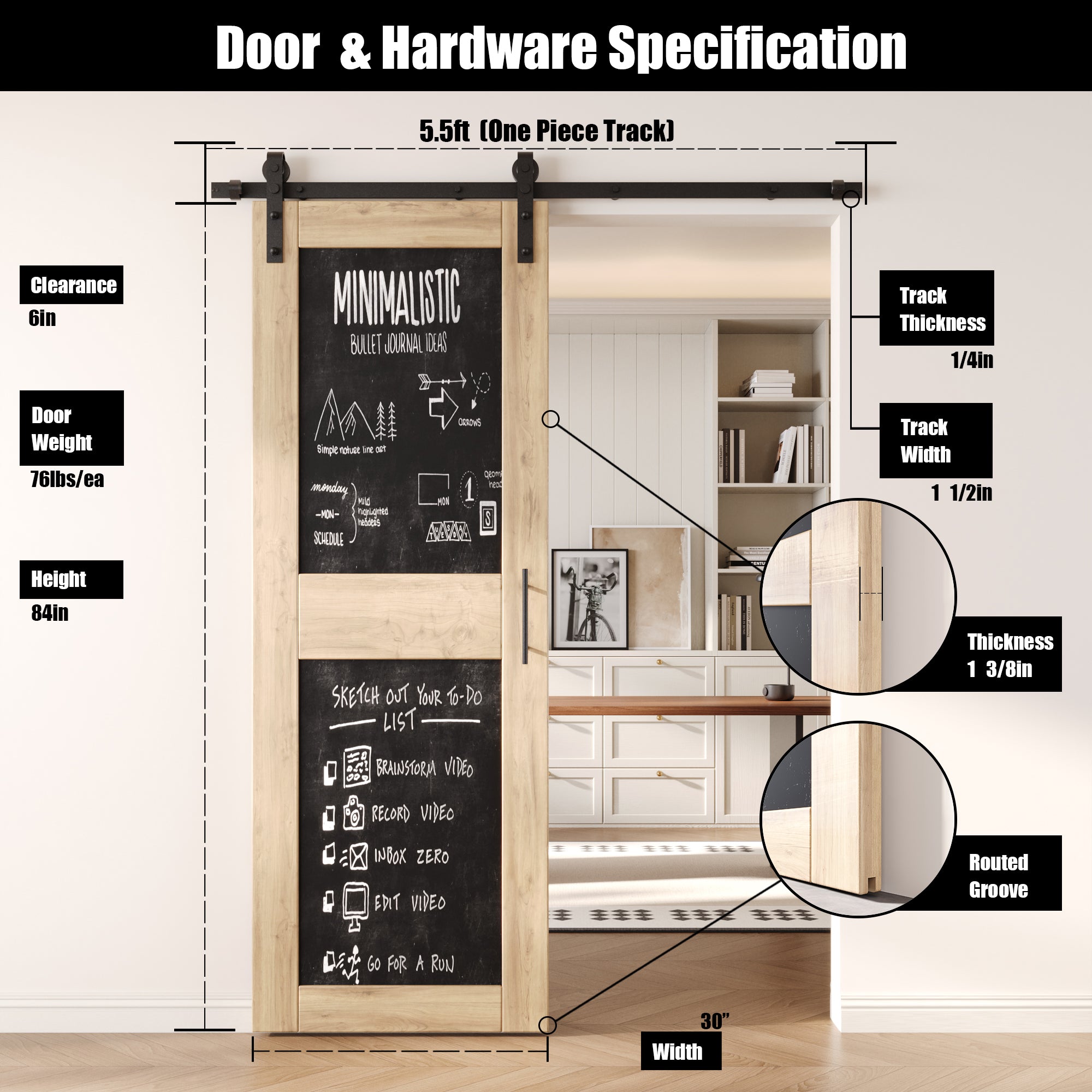 84" Height Design Chalkboard Unassembled & Unfinished Pine Wood Barn Door with Non-Bypass Installation Hardware Kit (Interior Use Only)