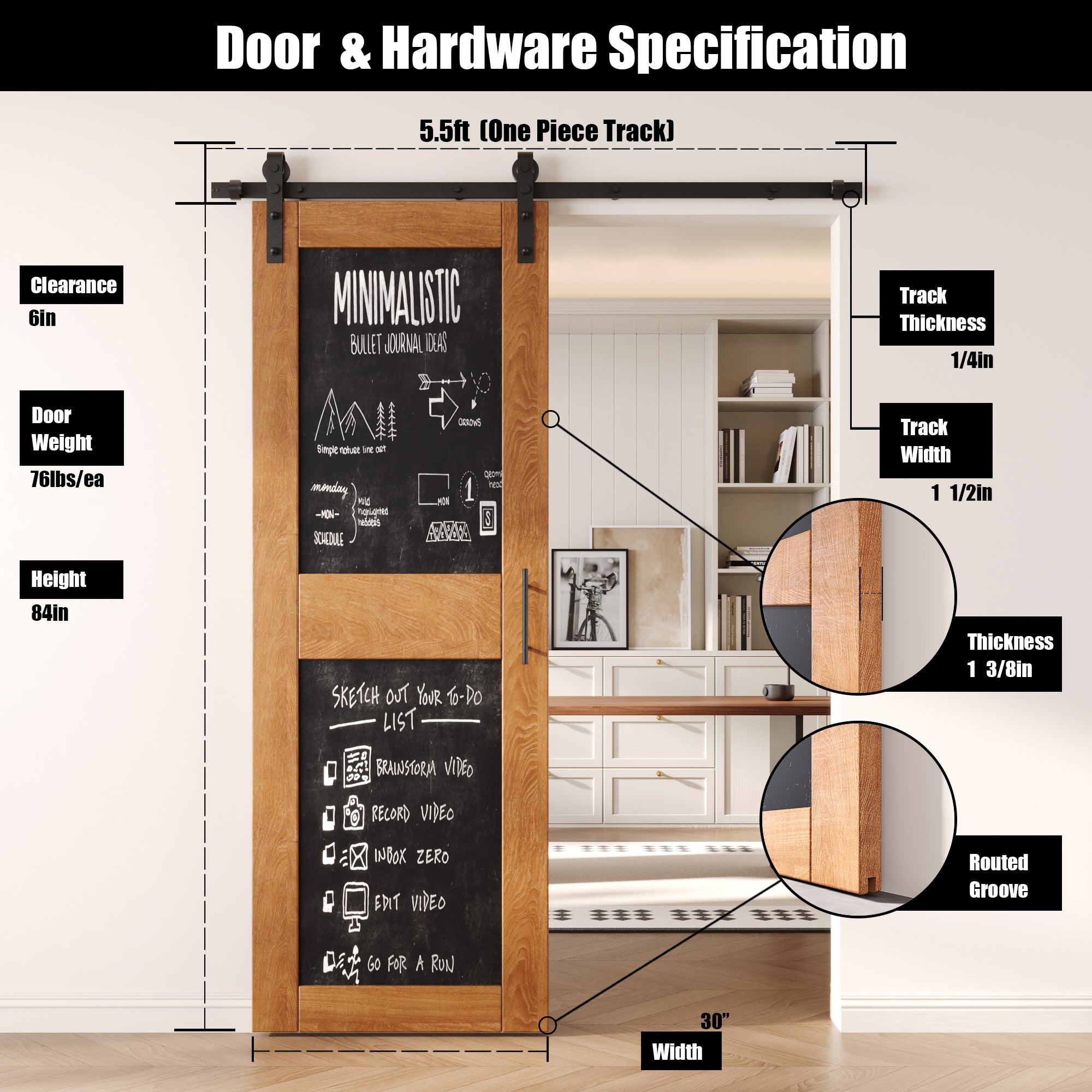 84" Height Early American Chalkboard Design Unassembled & Finished Pine Wood Barn Door with Non-Bypass Installation Hardware Kit (Interior Use Only)