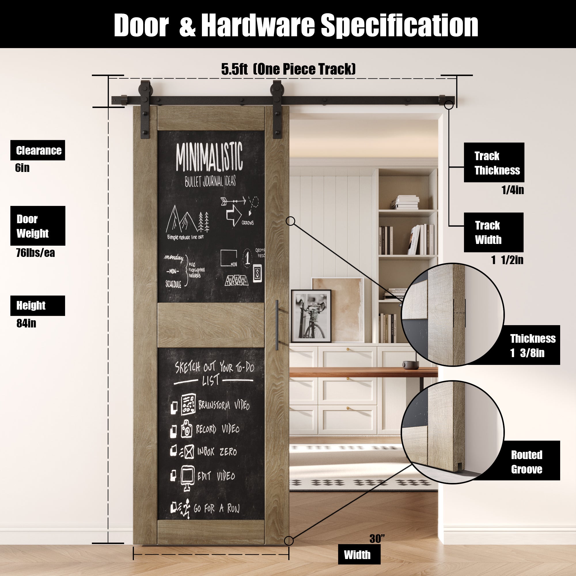 84" Height Classic Gray Chalkboard Design Unassembled & Finished Pine Wood Barn Door with Non-Bypass Installation Hardware Kit (Interior Use Only)