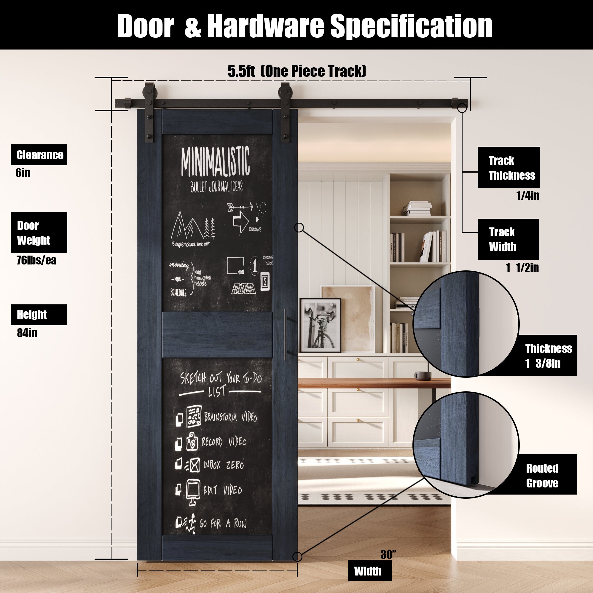 84" Height Navy Chalkboard Design Unassembled & Finished Pine Wood Barn Door with Non-Bypass Installation Hardware Kit (Interior Use Only)