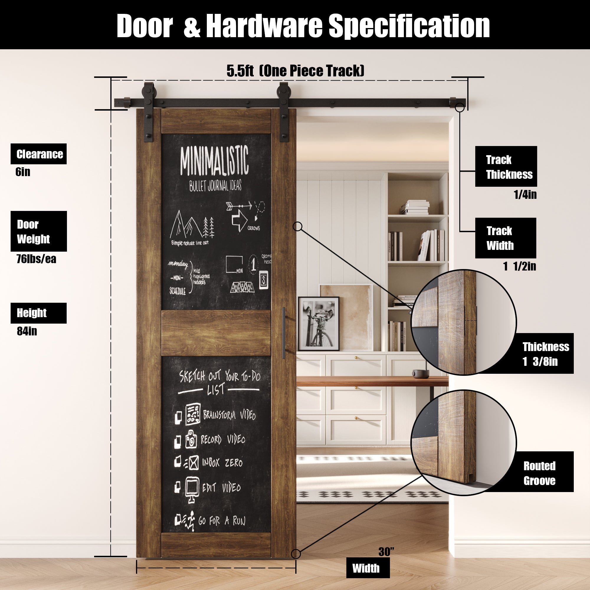 84" Height Dark Walnut Chalkboard Design Unassembled & Finished Pine Wood Barn Door with Non-Bypass Installation Hardware Kit (Interior Use Only)