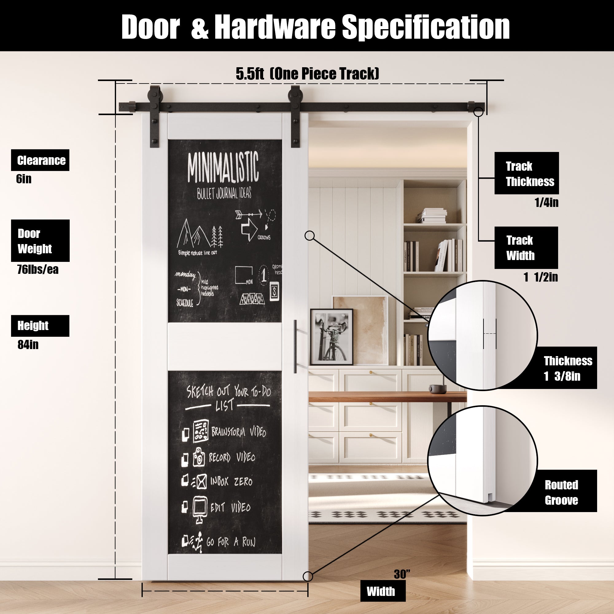84" Height White Chalkboard Design Unassembled & Finished Pine Wood Barn Door with Non-Bypass Installation Hardware Kit (Interior Use Only)