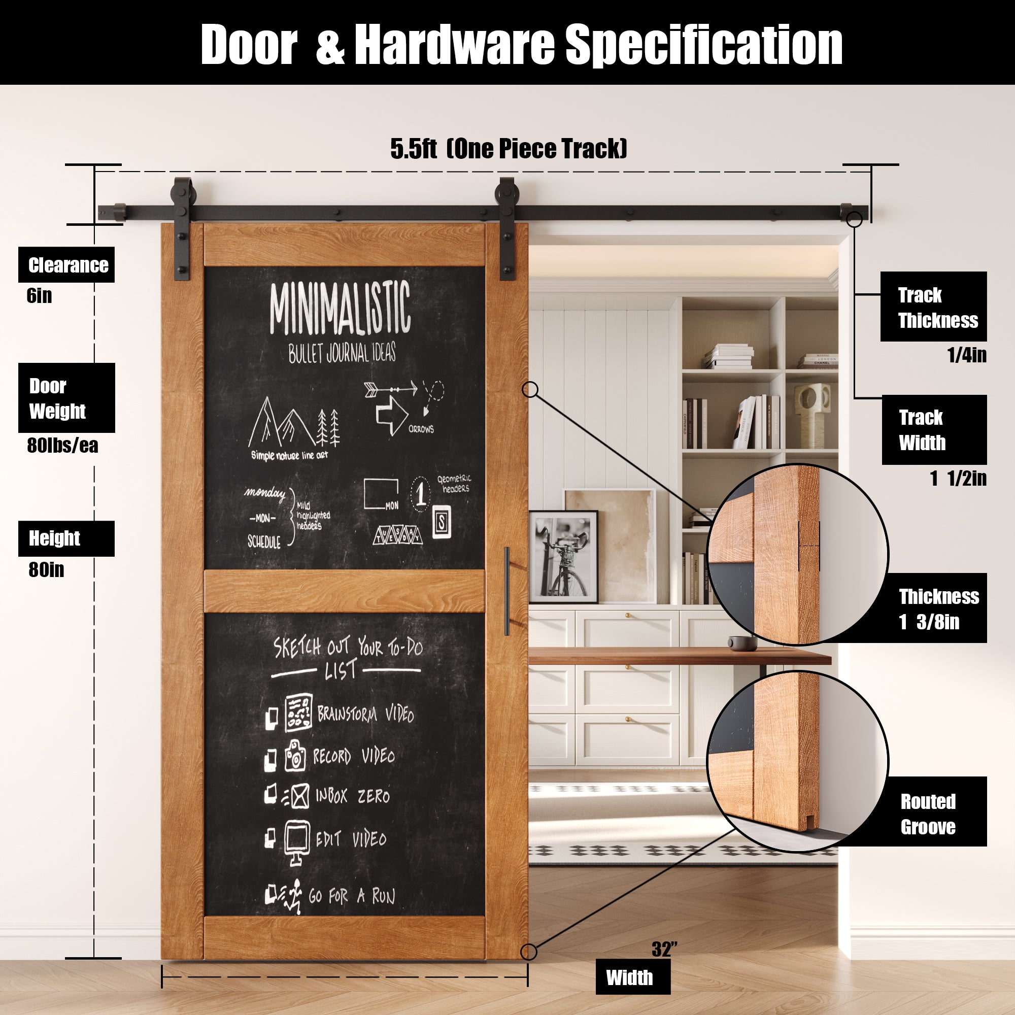 80" Height Early American Chalkboard Design Unassembled & Finished Pine Wood Barn Door with Non-Bypass Installation Hardware Kit (Interior Use Only)