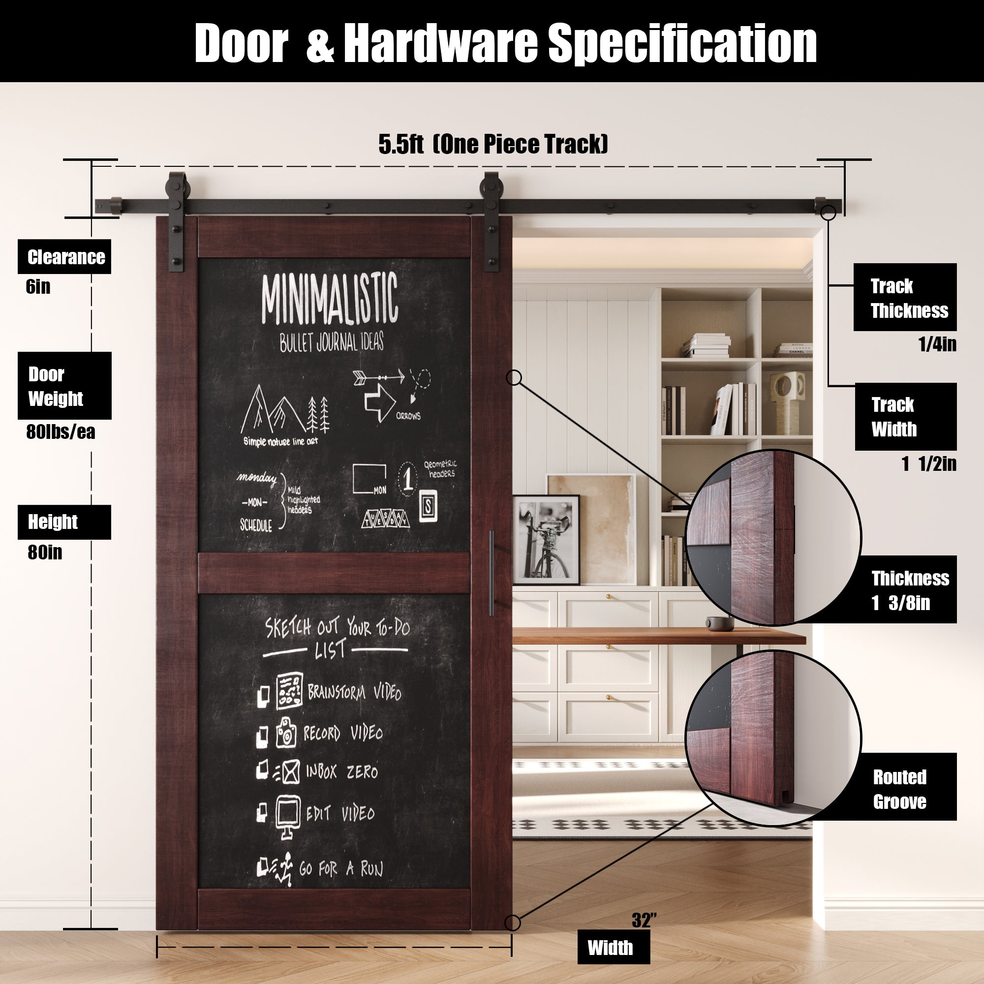 80" Height Red Mahogany Chalkboard Design Unassembled & Finished Pine Wood Barn Door with Non-Bypass Installation Hardware Kit (Interior Use Only)