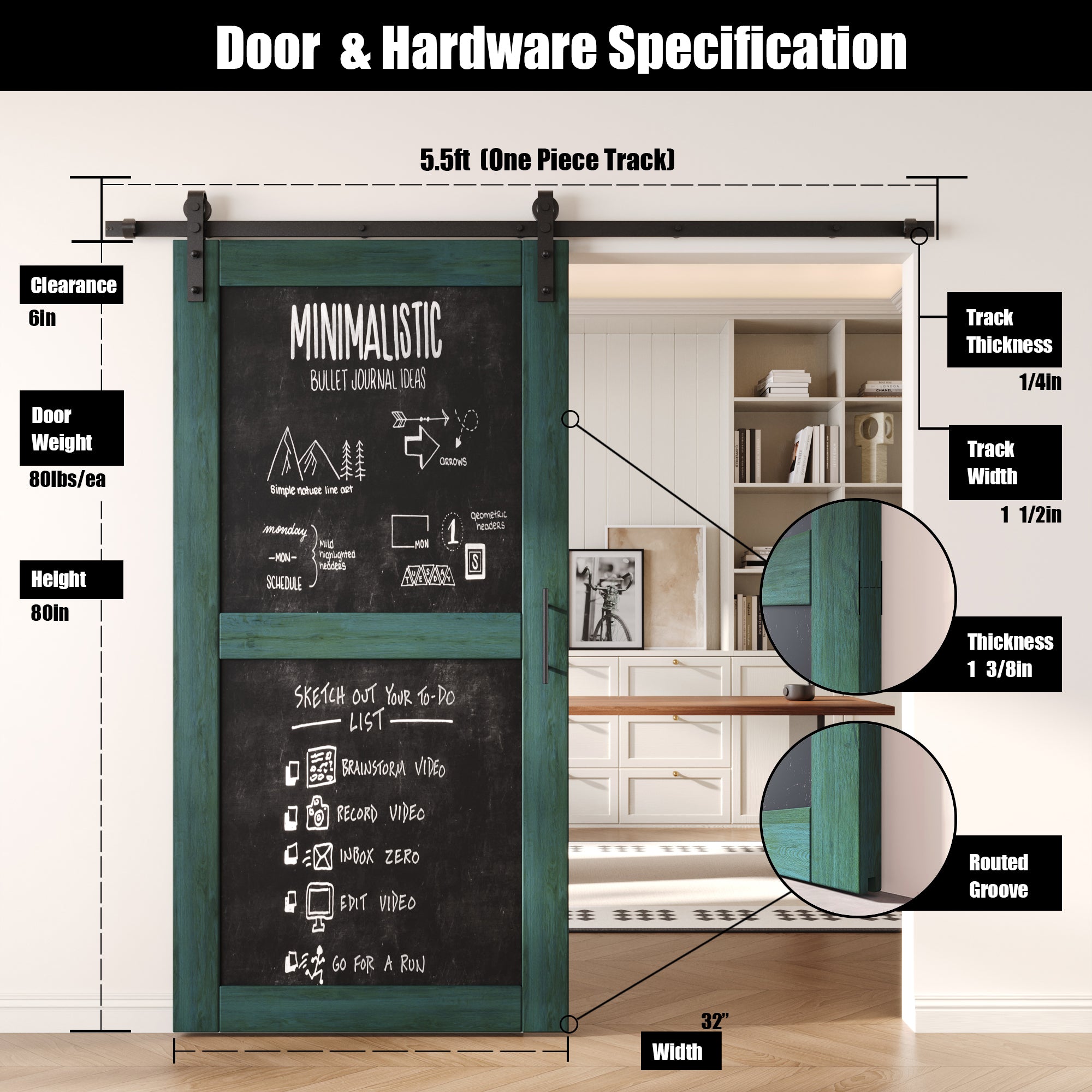 80" Height Royal Pine Chalkboard Design Unassembled & Finished Pine Wood Barn Door with Non-Bypass Installation Hardware Kit (Interior Use Only)