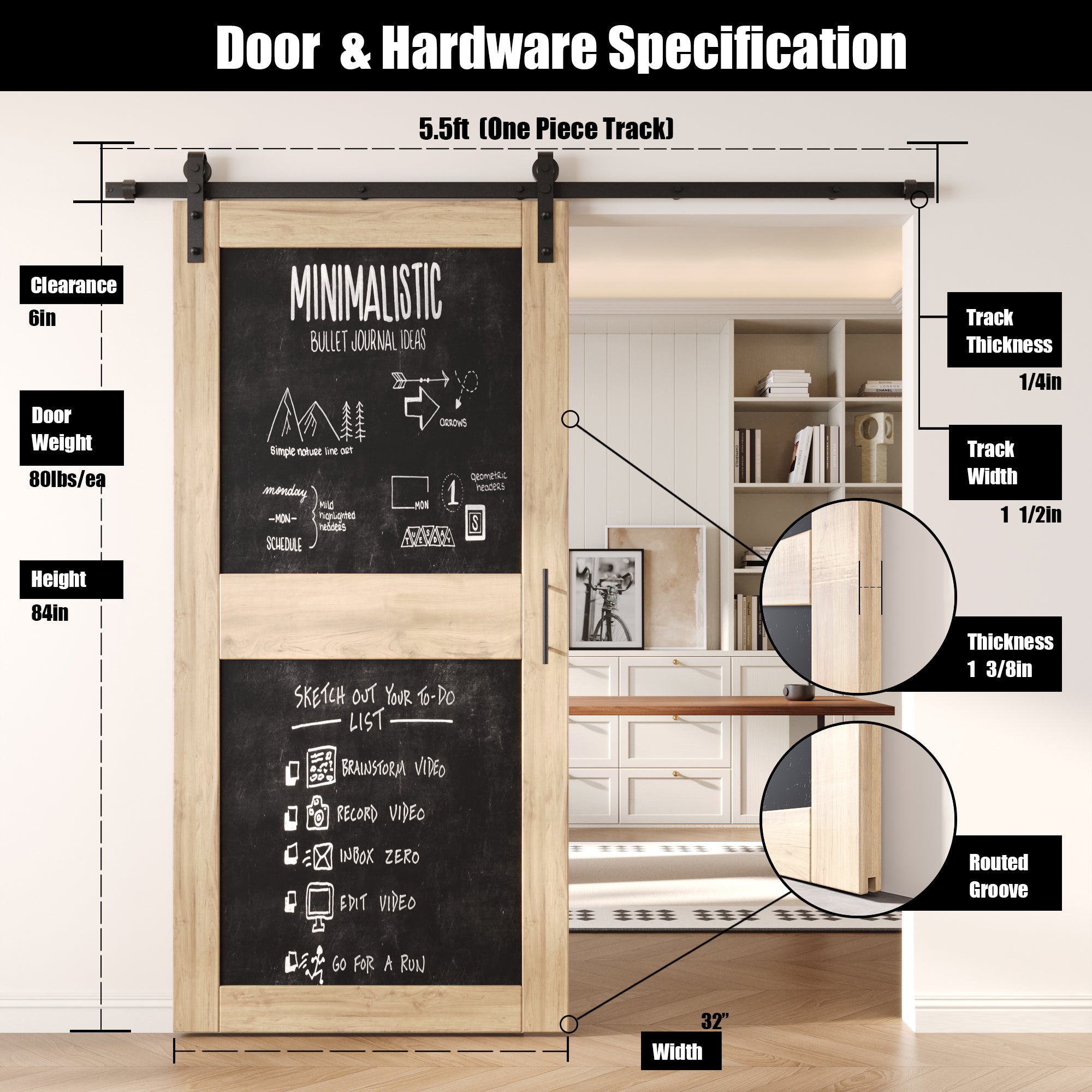 84" Height Design Chalkboard Unassembled & Unfinished Pine Wood Barn Door with Non-Bypass Installation Hardware Kit (Interior Use Only)