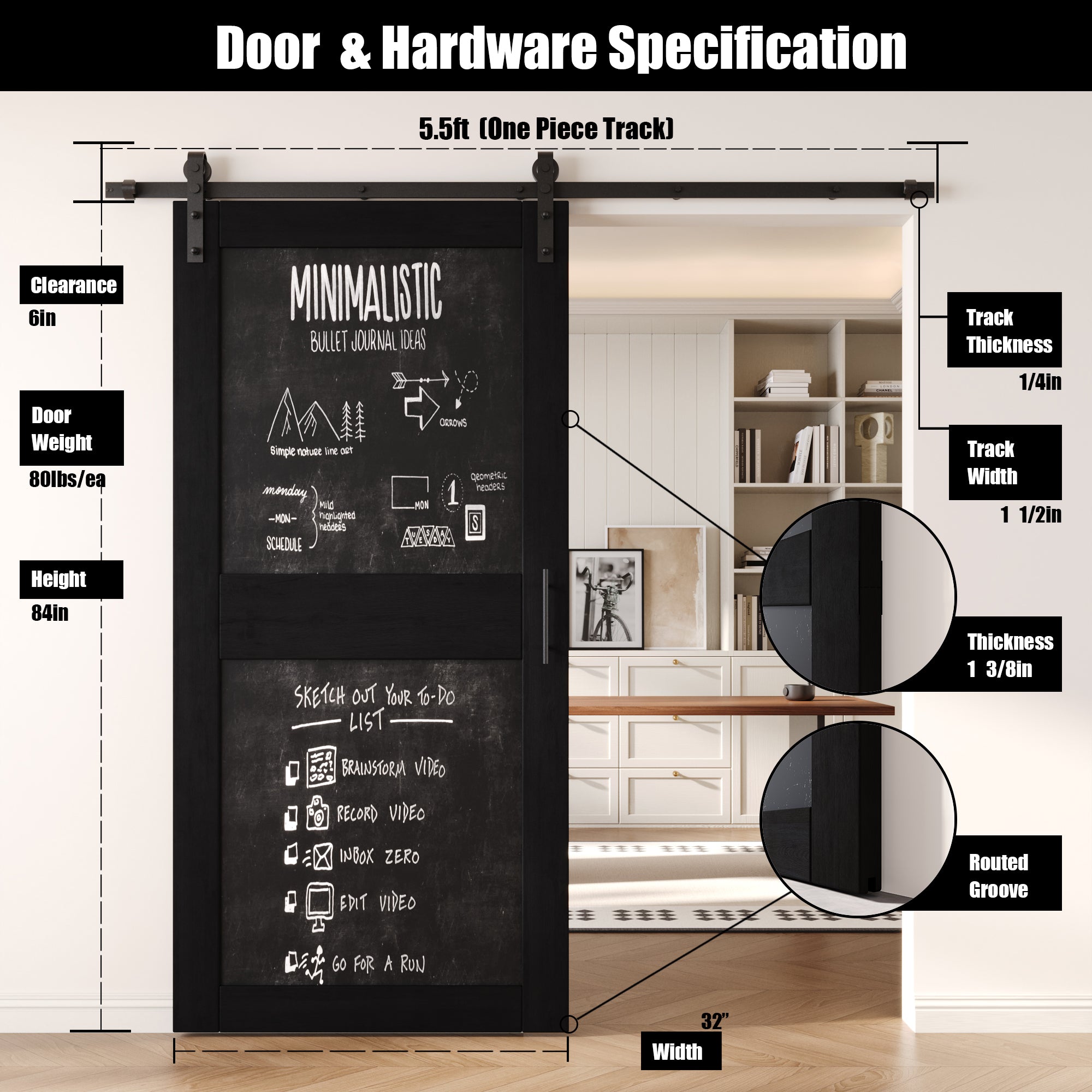 84" Height Black Chalkboard Design Unassembled & Finished Pine Wood Barn Door with Non-Bypass Installation Hardware Kit (Interior Use Only)