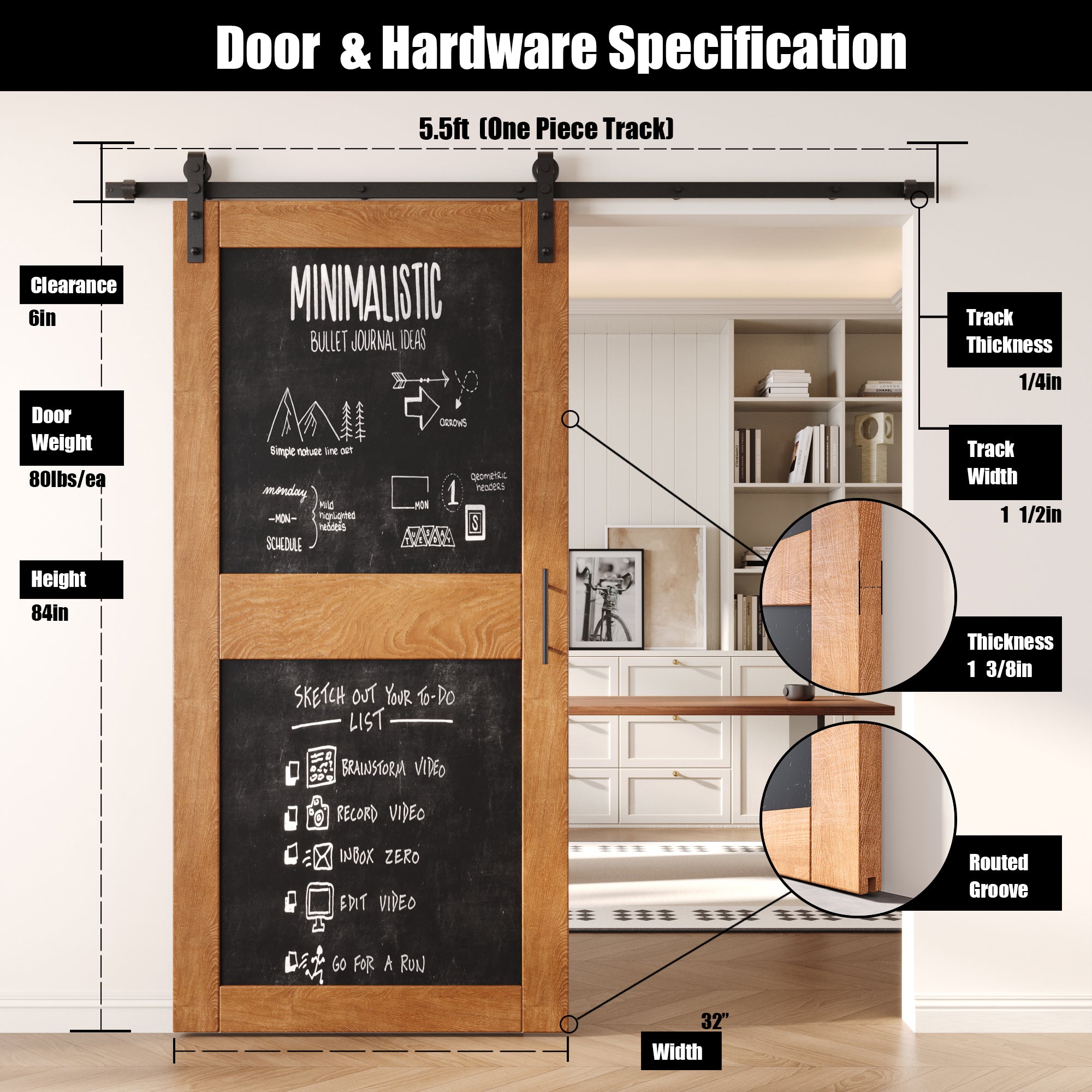 84" Height Early American Chalkboard Design Unassembled & Finished Pine Wood Barn Door with Non-Bypass Installation Hardware Kit (Interior Use Only)