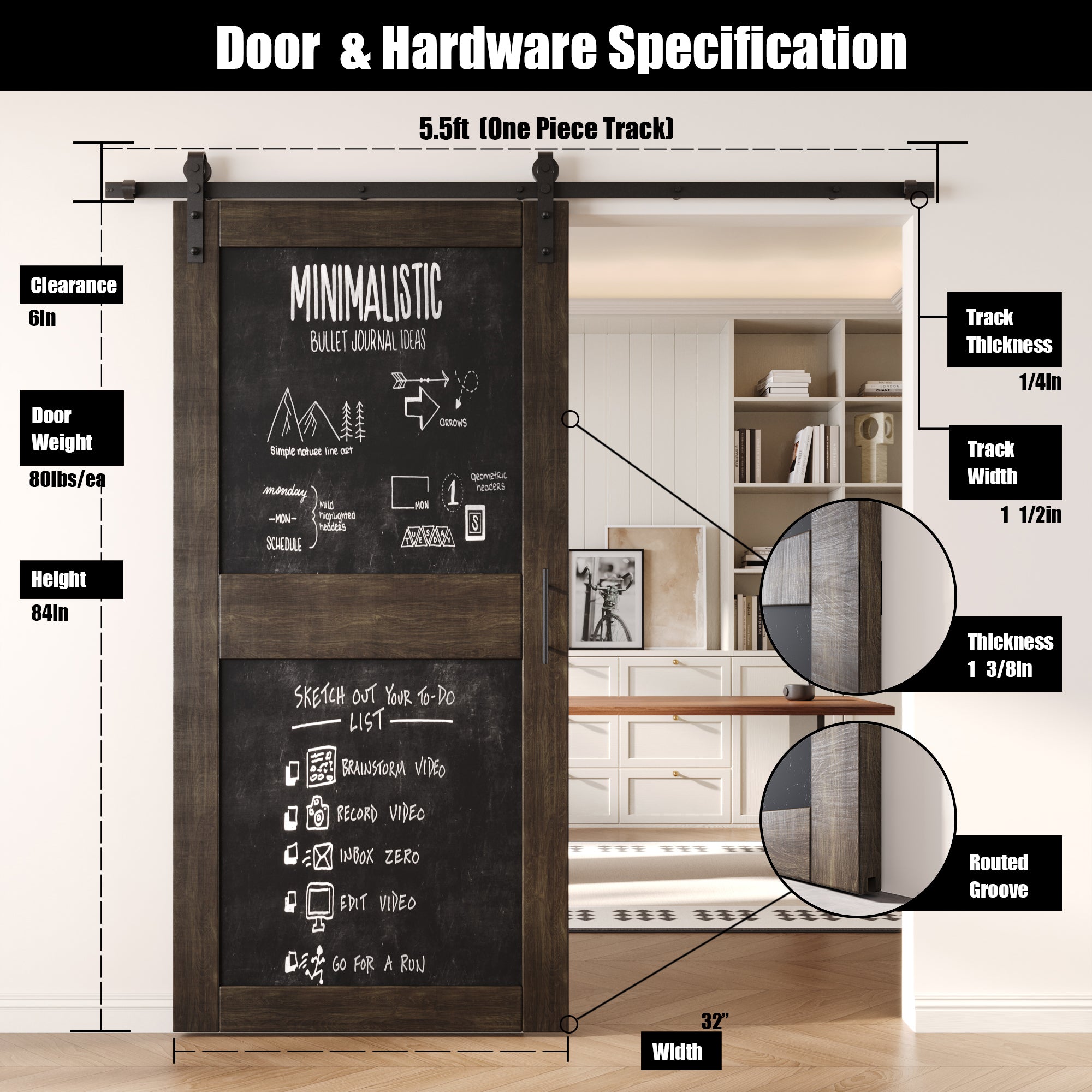 84" Height Ebony Chalkboard Design Unassembled & Finished Pine Wood Barn Door with Non-Bypass Installation Hardware Kit (Interior Use Only)