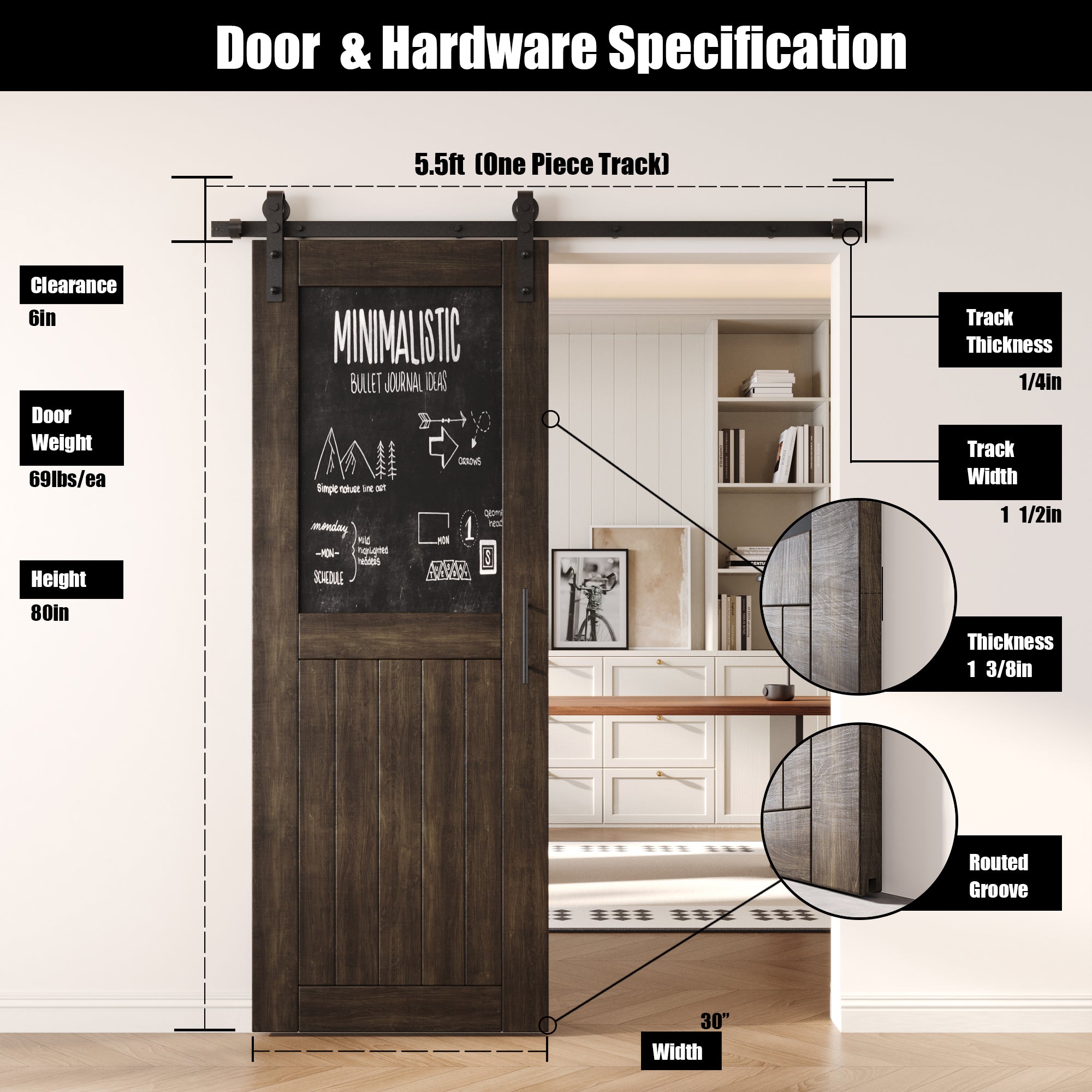 80" Height Ebony Top Chalkboard Panel Unassembled & Finished Pine Wood Barn Door with Non-Bypass Installation Hardware Kit (Interior Use Only)