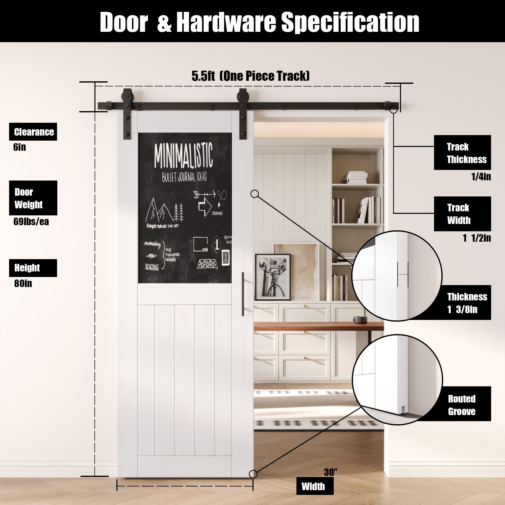 80" Height White Top Chalkboard Panel Unassembled & Finished Pine Wood Barn Door with Non-Bypass Installation Hardware Kit (Interior Use Only)