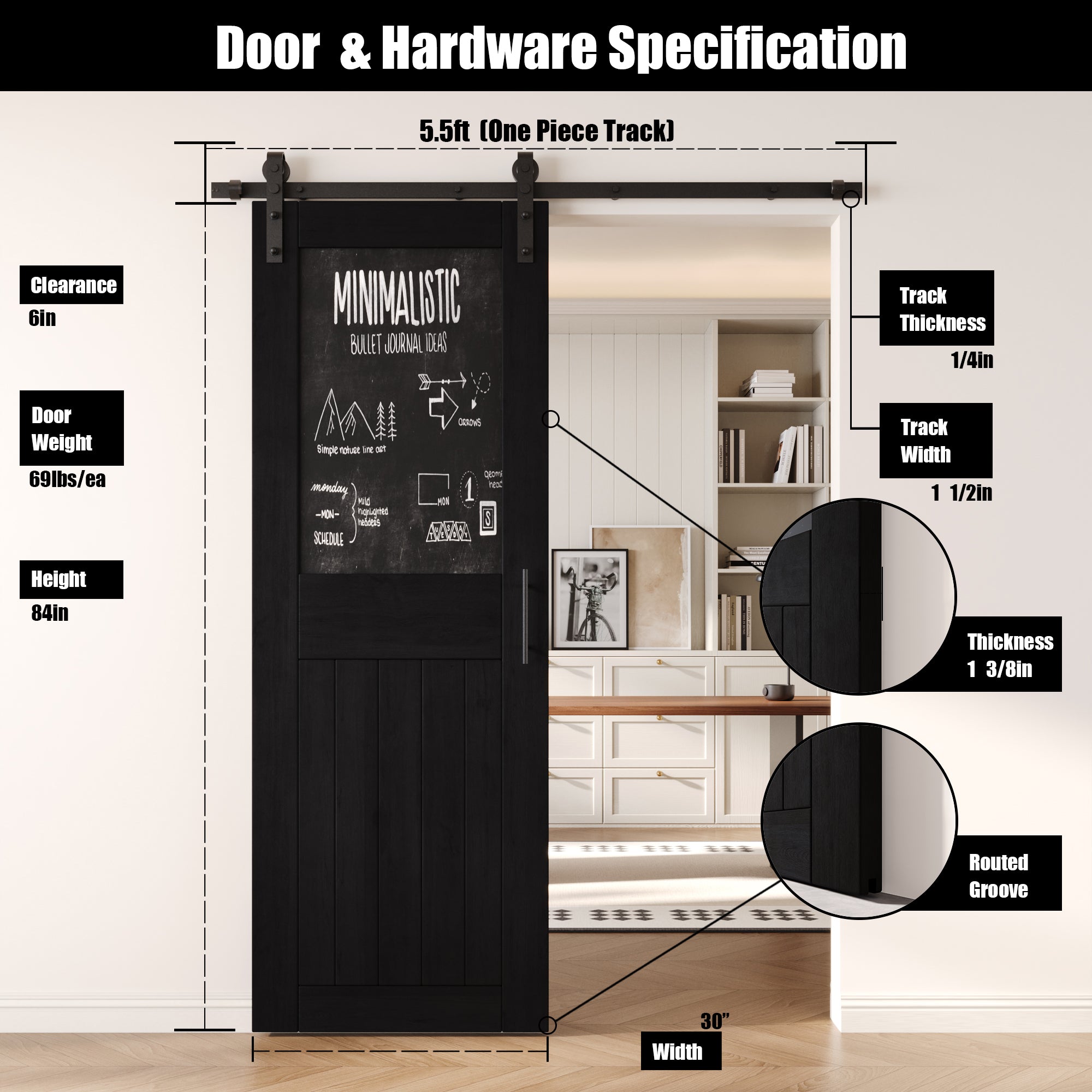 84" Height Black Top Chalkboard Panel Unassembled & Finished Pine Wood Barn Door with Non-Bypass Installation Hardware Kit (Interior Use Only)