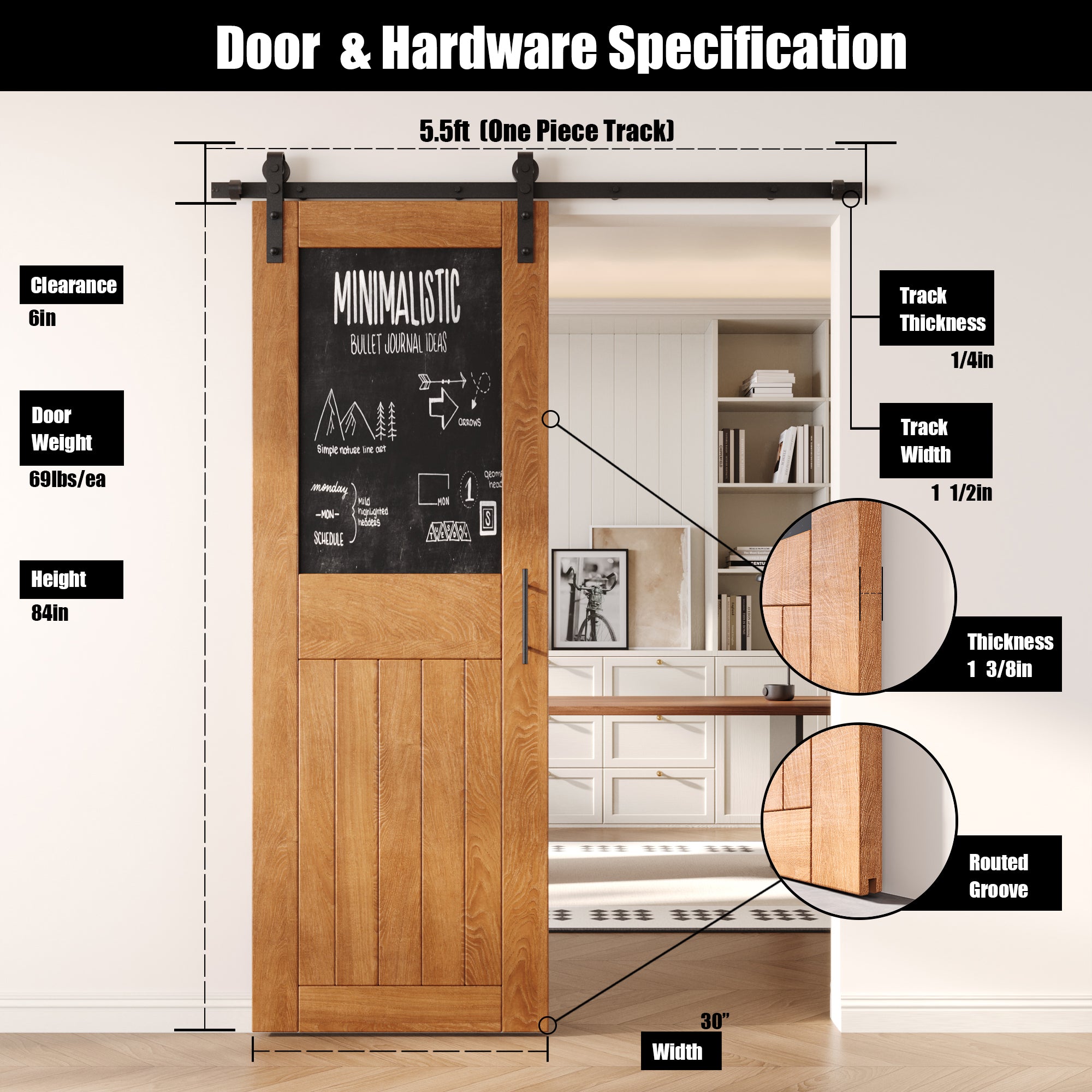 84" Height Early American Top Chalkboard Panel Unassembled & Finished Pine Wood Barn Door with Non-Bypass Installation Hardware Kit (Interior Use Only)