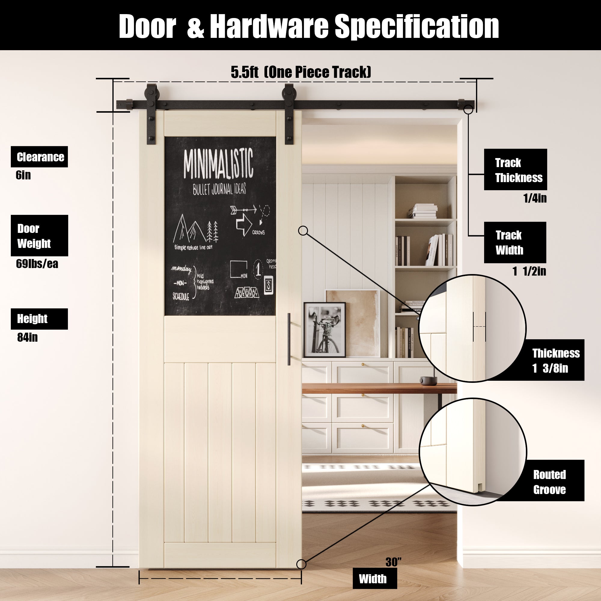 84" Height Tinsmith Gray Top Chalkboard Panel Unassembled & Finished Pine Wood Barn Door with Non-Bypass Installation Hardware Kit (Interior Use Only)
