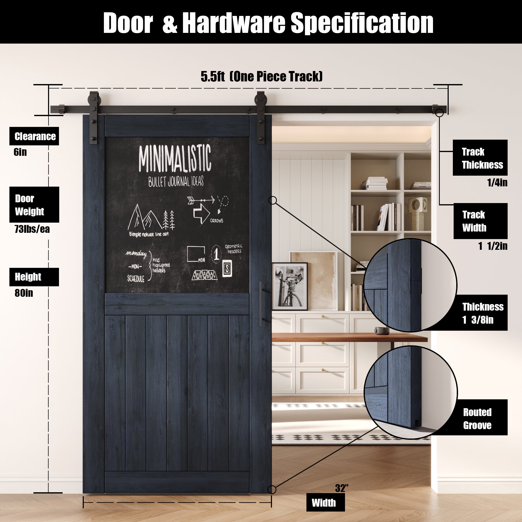 80" Height Navy Top Chalkboard Panel Unassembled & Finished Pine Wood Barn Door with Non-Bypass Installation Hardware Kit (Interior Use Only)