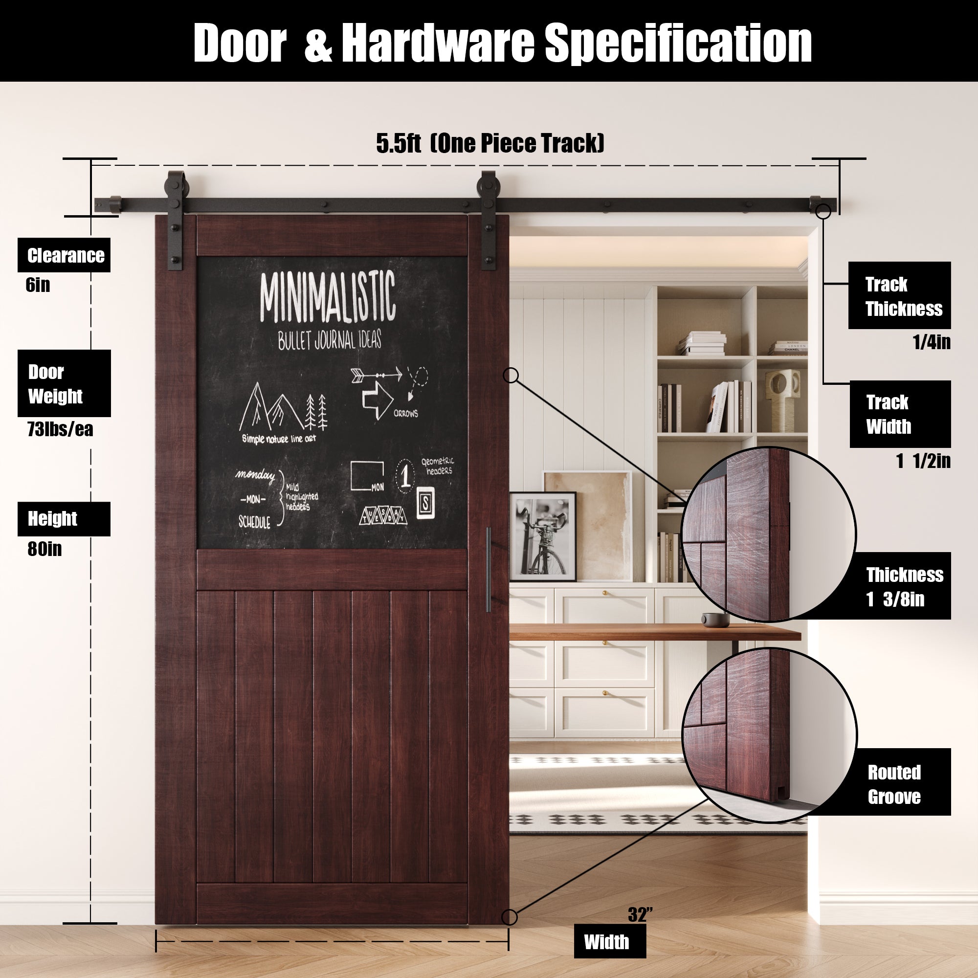 80" Height Red Mahogany Top Chalkboard Panel Unassembled & Finished Pine Wood Barn Door with Non-Bypass Installation Hardware Kit (Interior Use Only)