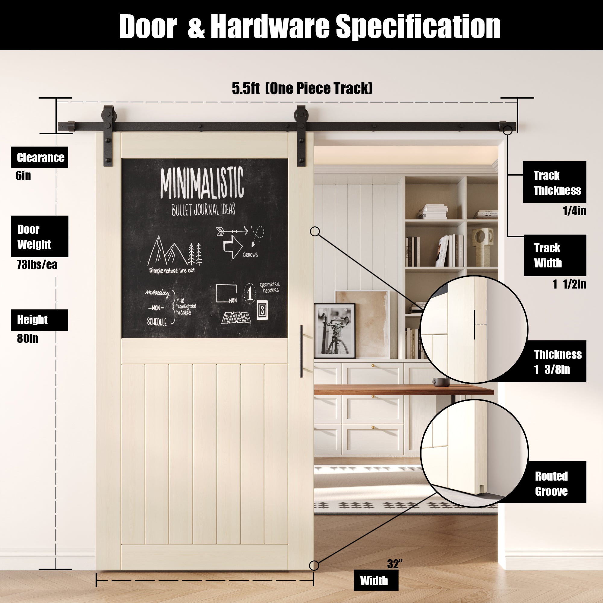 80" Height Tinsmith Gray Top Chalkboard Panel Unassembled & Finished Pine Wood Barn Door with Non-Bypass Installation Hardware Kit (Interior Use Only)