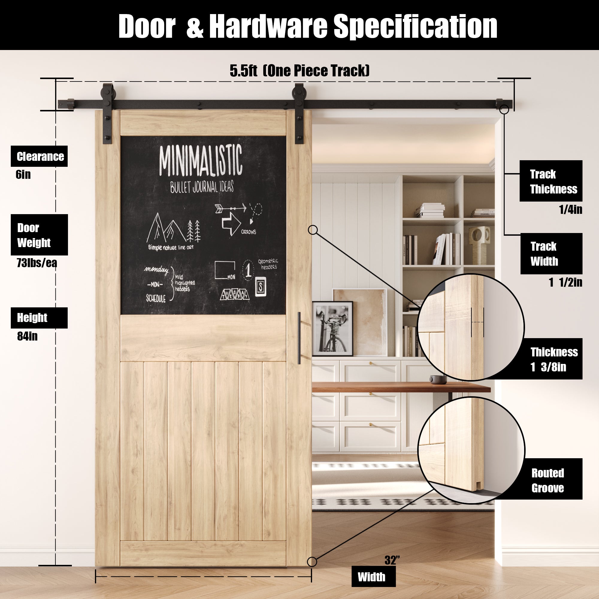 84" Height Top Chalkboard Panel Unassembled & Unfinished Pine Wood Barn Door with Non-Bypass Installation Hardware Kit (Interior Use Only)
