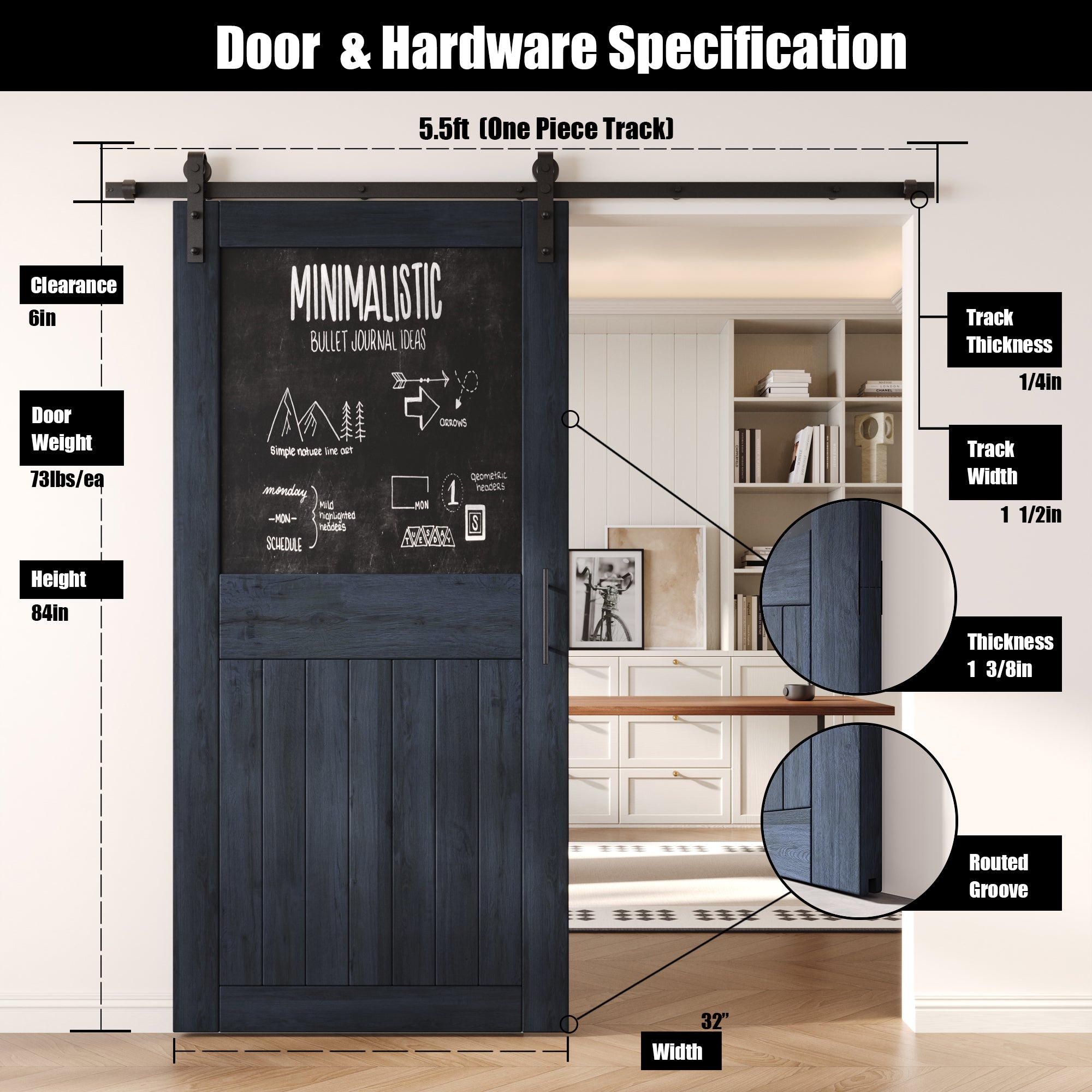 84" Height Navy Top Chalkboard Panel Unassembled & Finished Pine Wood Barn Door with Non-Bypass Installation Hardware Kit (Interior Use Only)