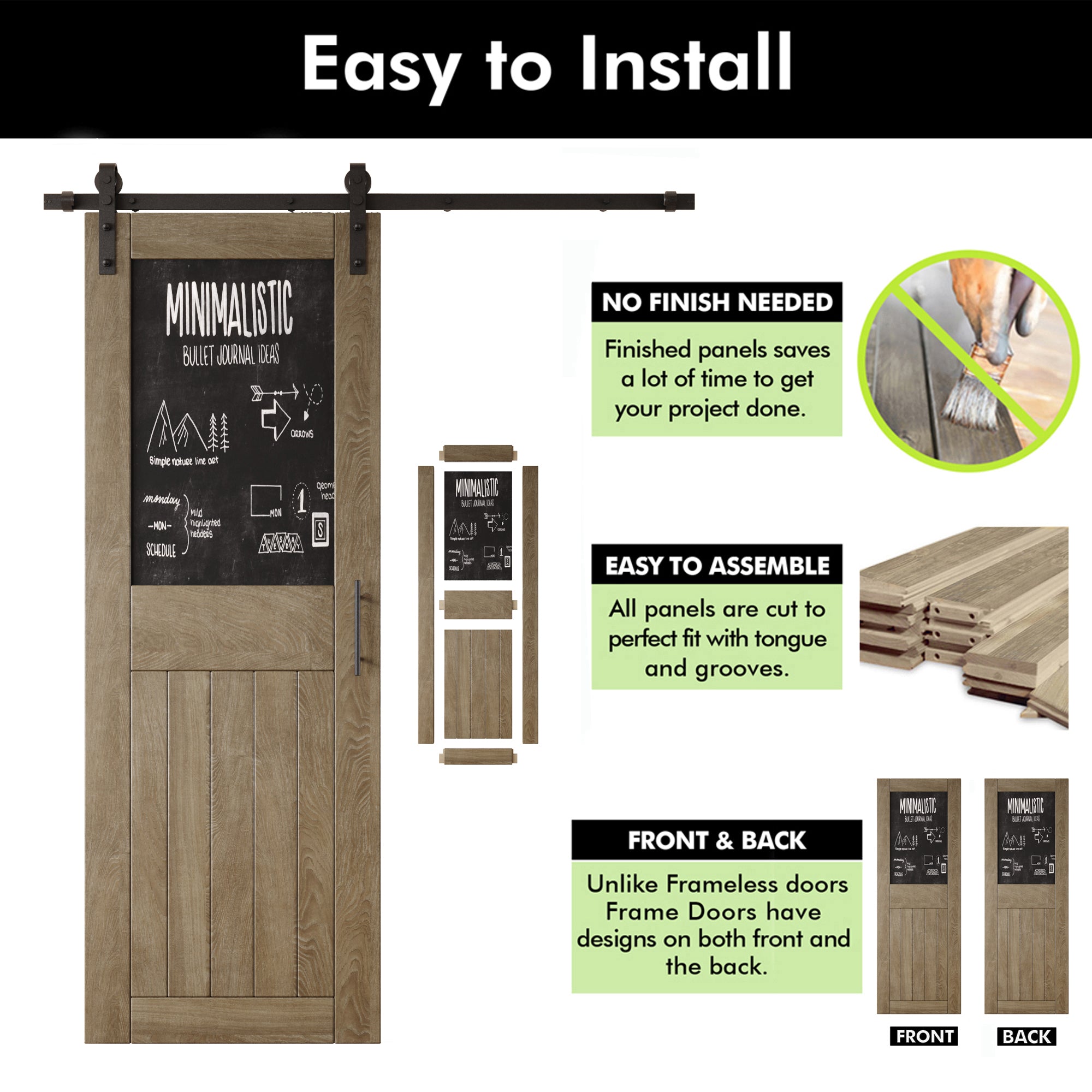 84" Height Classic Gray Top Chalkboard Panel Unassembled & Finished Pine Wood Barn Door with Non-Bypass Installation Hardware Kit (Interior Use Only)