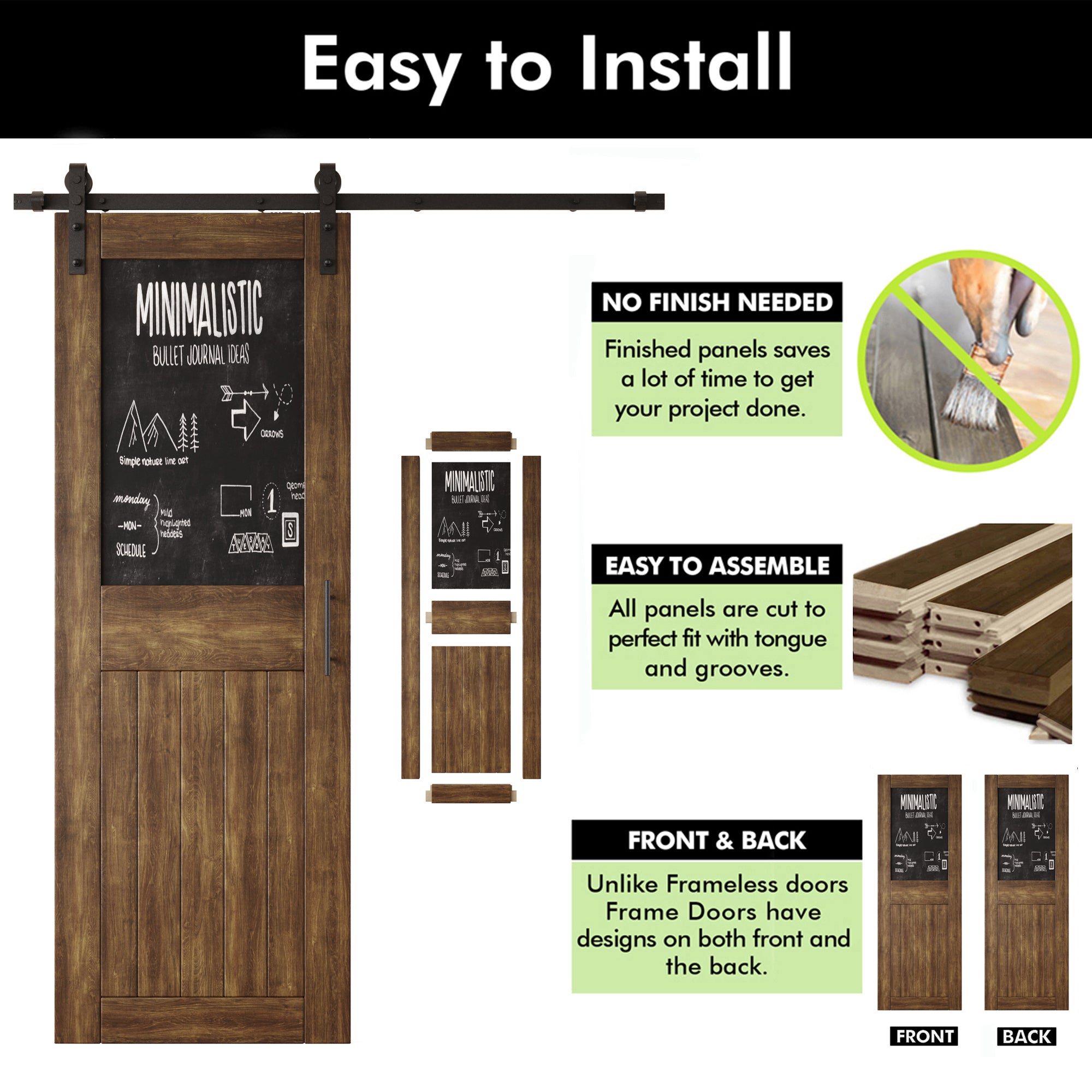 84" Height Dark Walnut Top Chalkboard Panel Unassembled & Finished Pine Wood Barn Door with Non-Bypass Installation Hardware Kit (Interior Use Only)