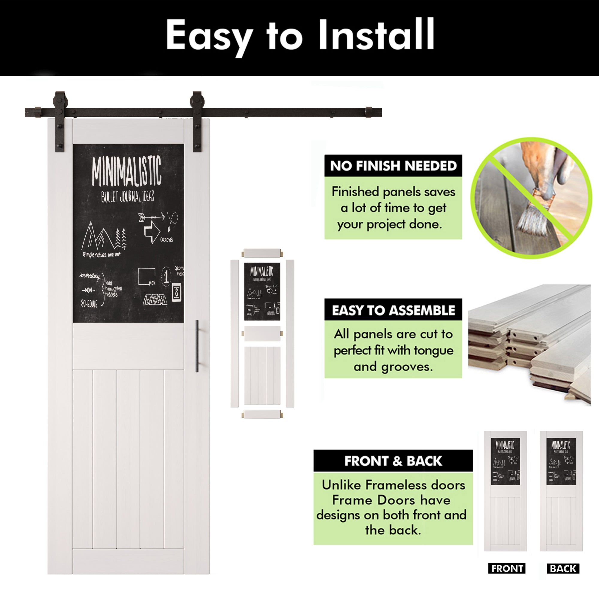 84" Height White Top Chalkboard Panel Unassembled & Finished Pine Wood Barn Door with Non-Bypass Installation Hardware Kit (Interior Use Only)