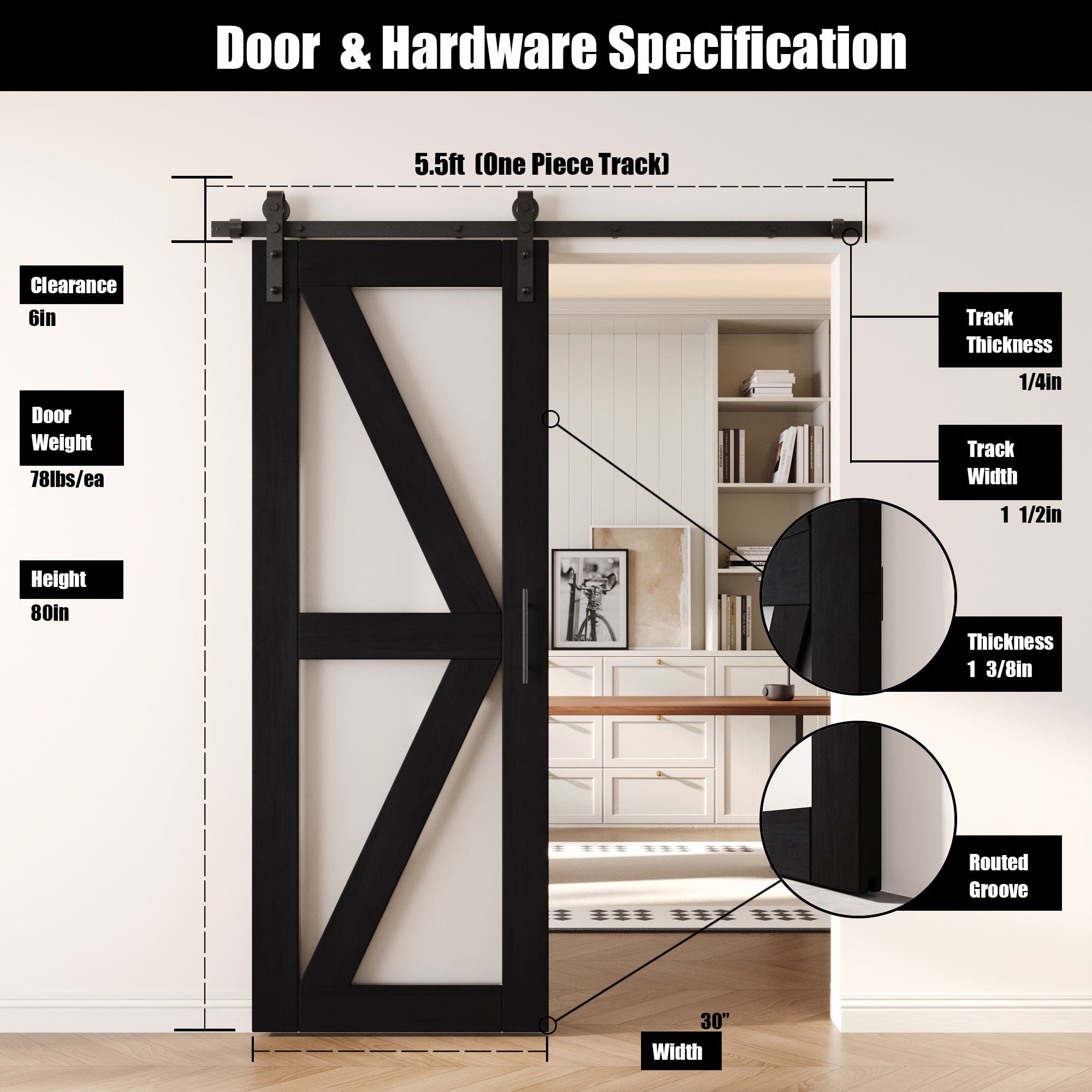 80" Height Black Arrow Pattern Glass Unassembled & Finished Pine Wood Barn Door with Non-Bypass Installation Hardware Kit (Interior Use Only)