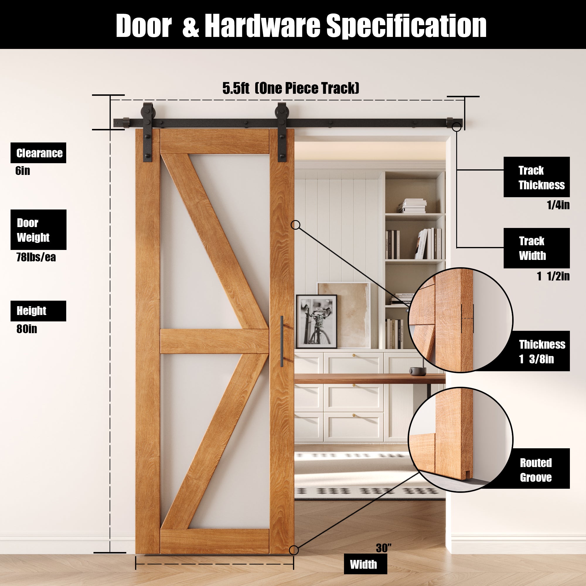 80" Height Early American Arrow Pattern Glass Unassembled & Finished Pine Wood Barn Door with Non-Bypass Installation Hardware Kit (Interior Use Only)