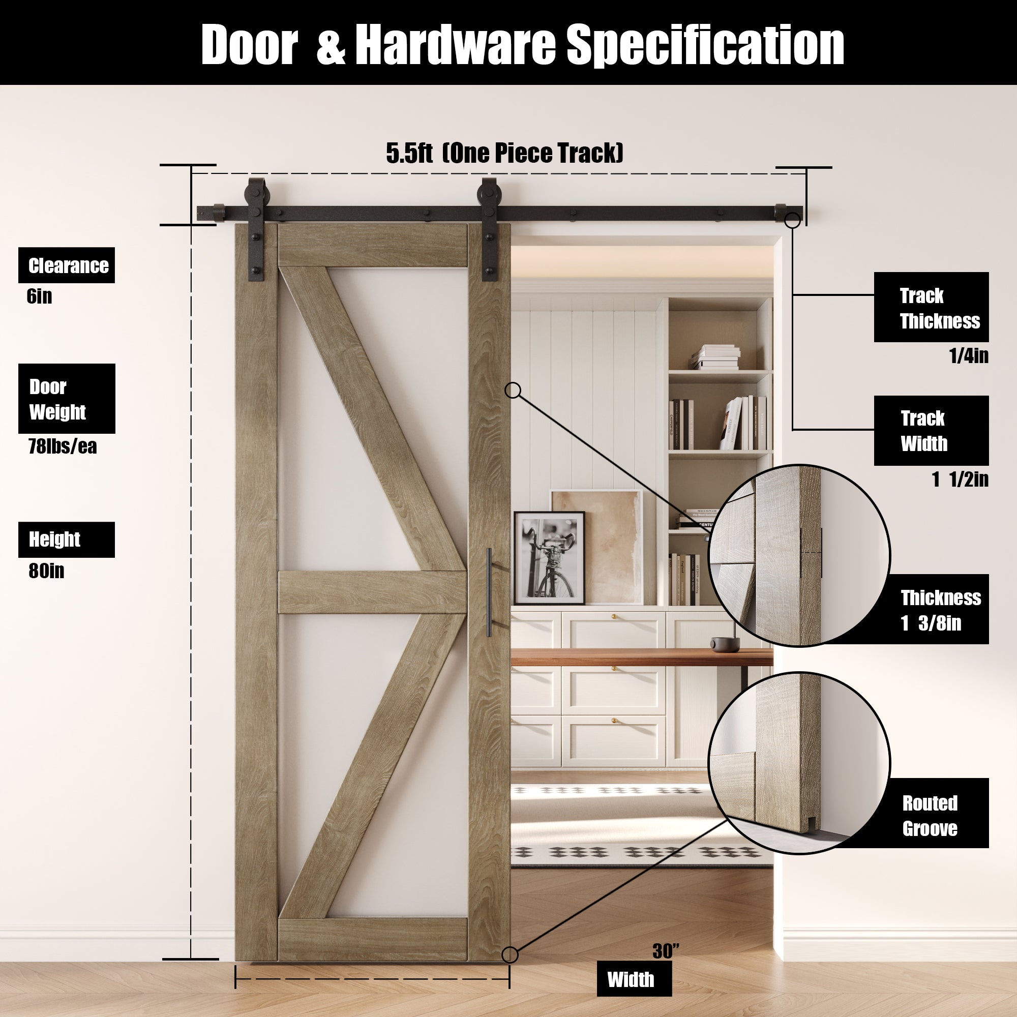 80" Height Classic Gray Arrow Pattern Glass Unassembled & Finished Pine Wood Barn Door with Non-Bypass Installation Hardware Kit (Interior Use Only)