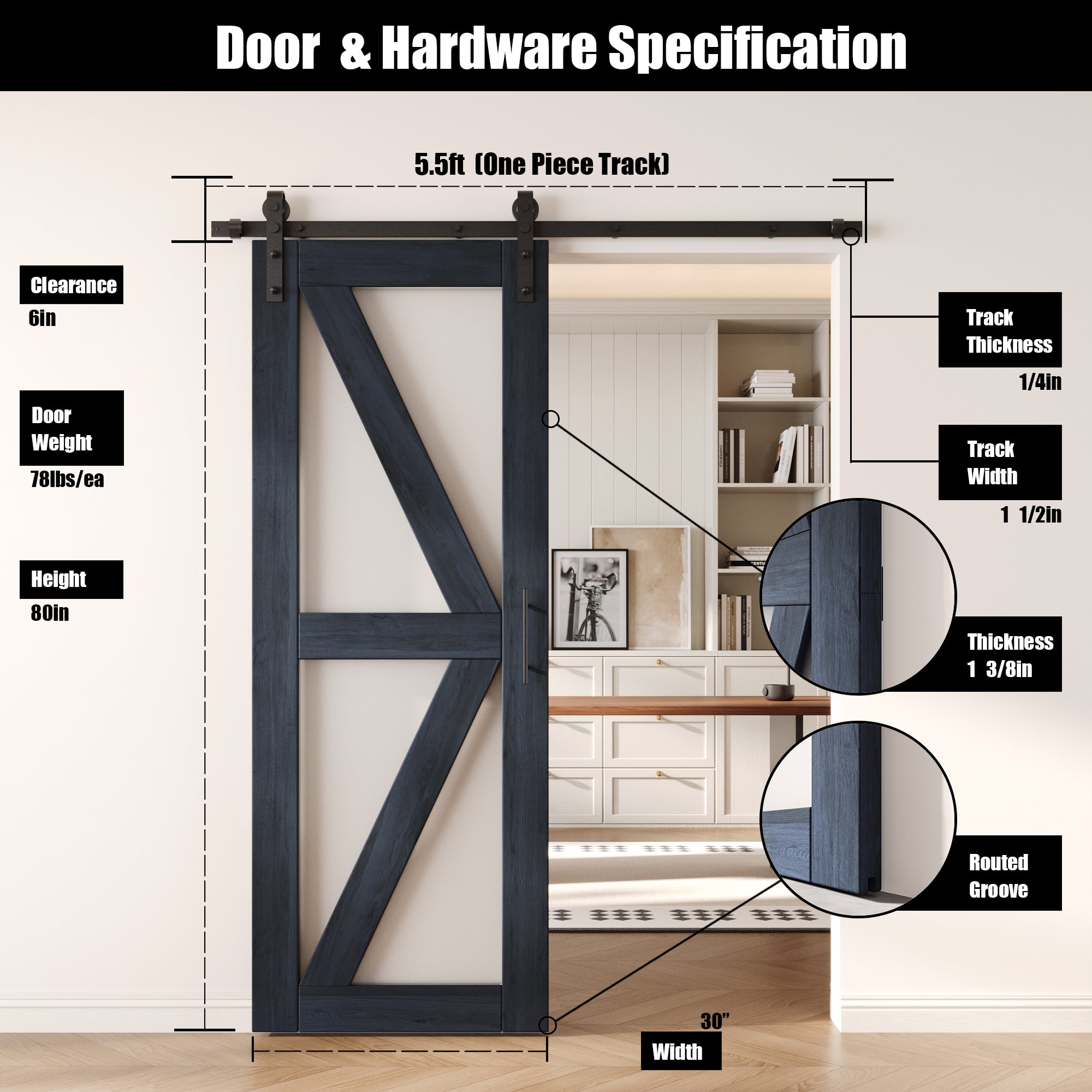 80" Height Navy Arrow Pattern Glass Unassembled & Finished Pine Wood Barn Door with Non-Bypass Installation Hardware Kit (Interior Use Only)