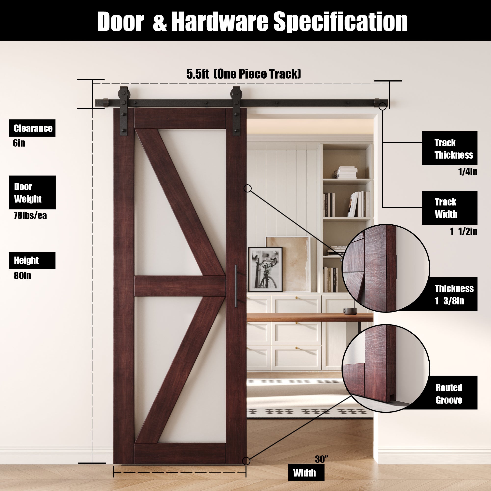 80" Height Red Mahogany Arrow Pattern Glass Design Unassembled & Finished Pine Wood Barn Door with Non-Bypass Installation Hardware Kit (Interior Use Only)
