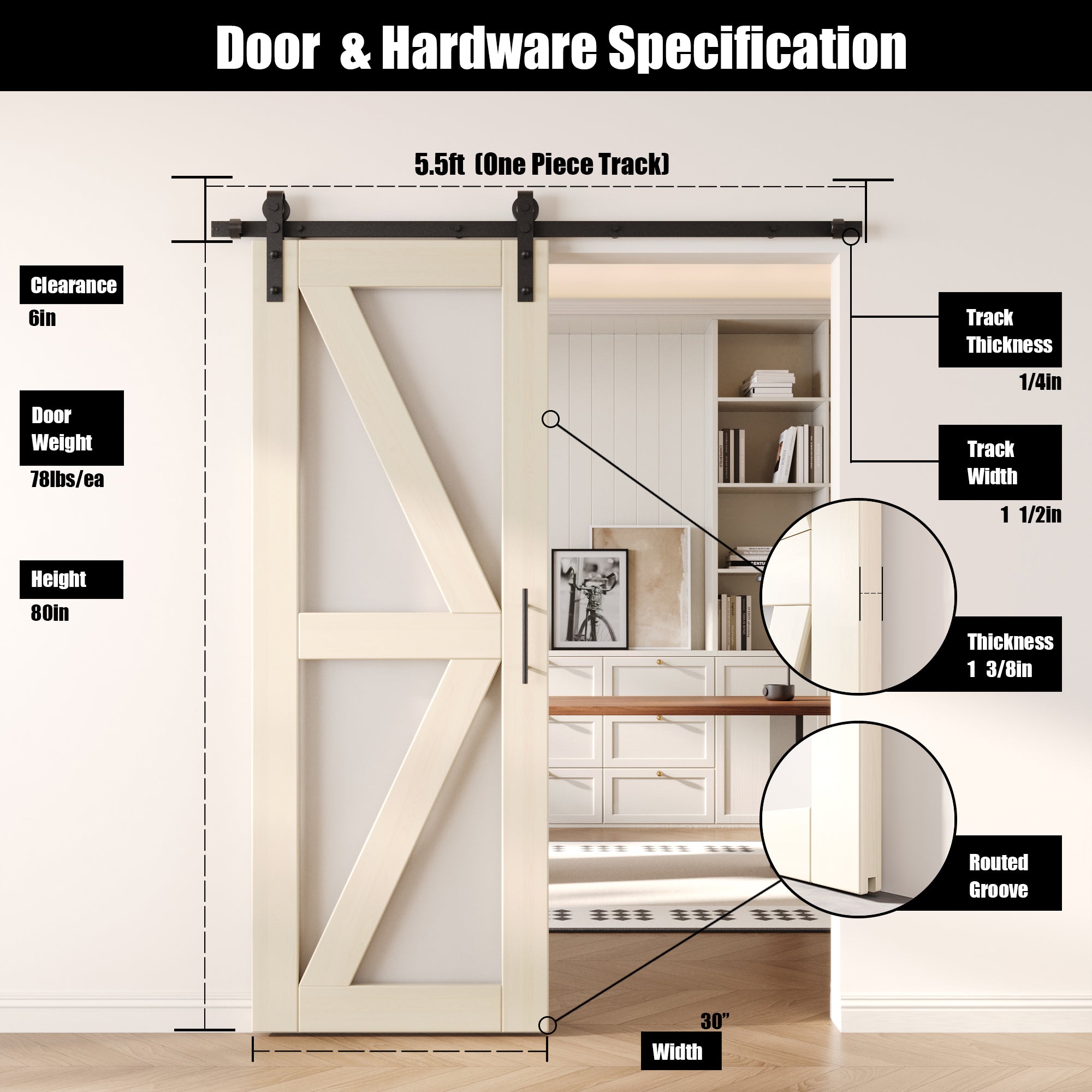 80" Height Tinsmith Gray Arrow Pattern Glass Unassembled & Finished Pine Wood Barn Door with Non-Bypass Installation Hardware Kit (Interior Use Only)