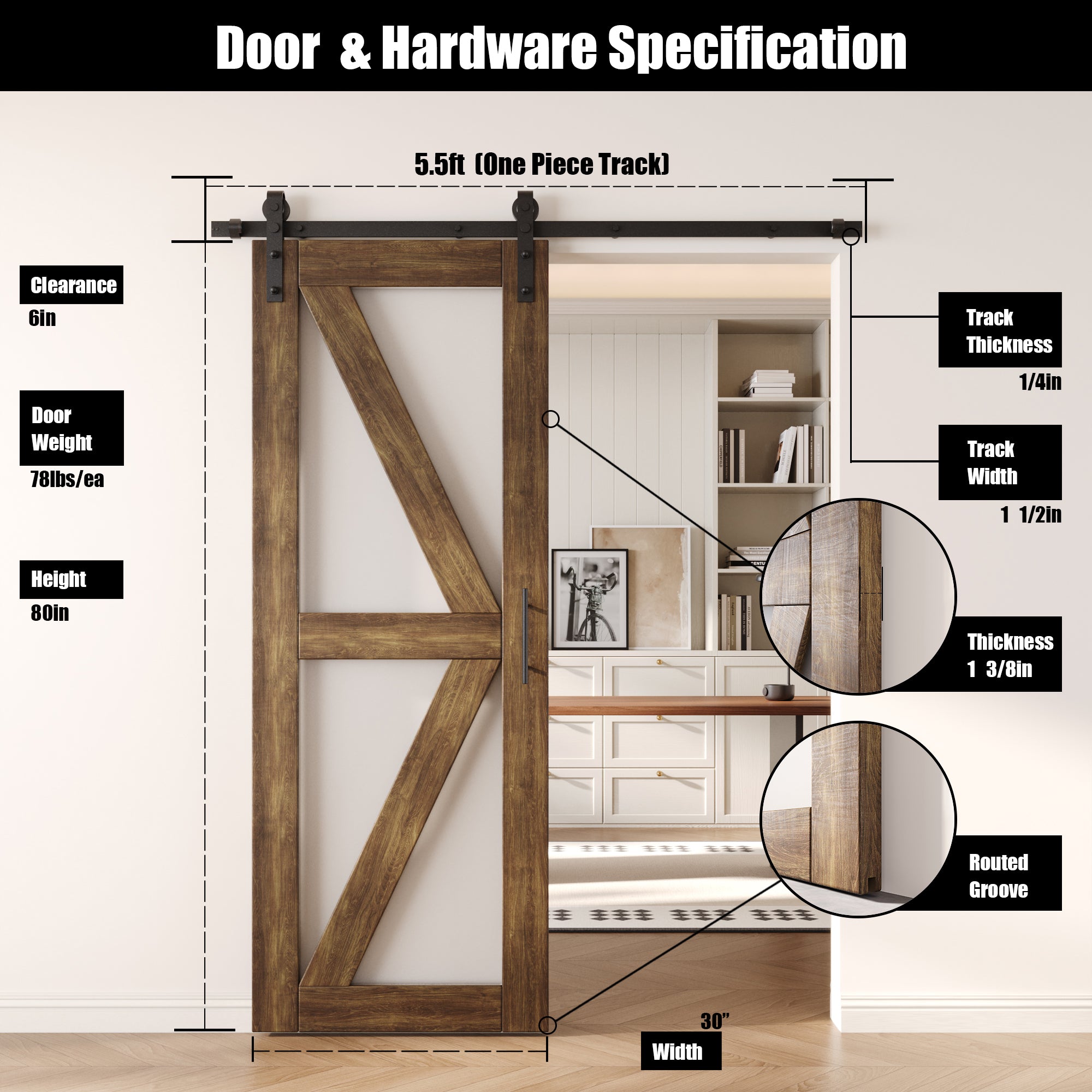 80" Height Dark Walnut Arrow Pattern Glass Unassembled & Finished Pine Wood Barn Door with Non-Bypass Installation Hardware Kit (Interior Use Only)