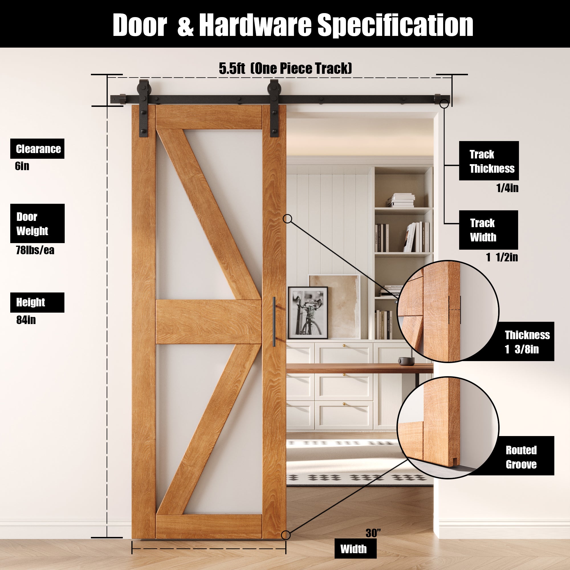 84" Height Early American Frosted Glass Arrow Design Unassembled & Finished Pine Wood Barn Door with Non-Bypass Installation Hardware Kit (Interior Use Only)