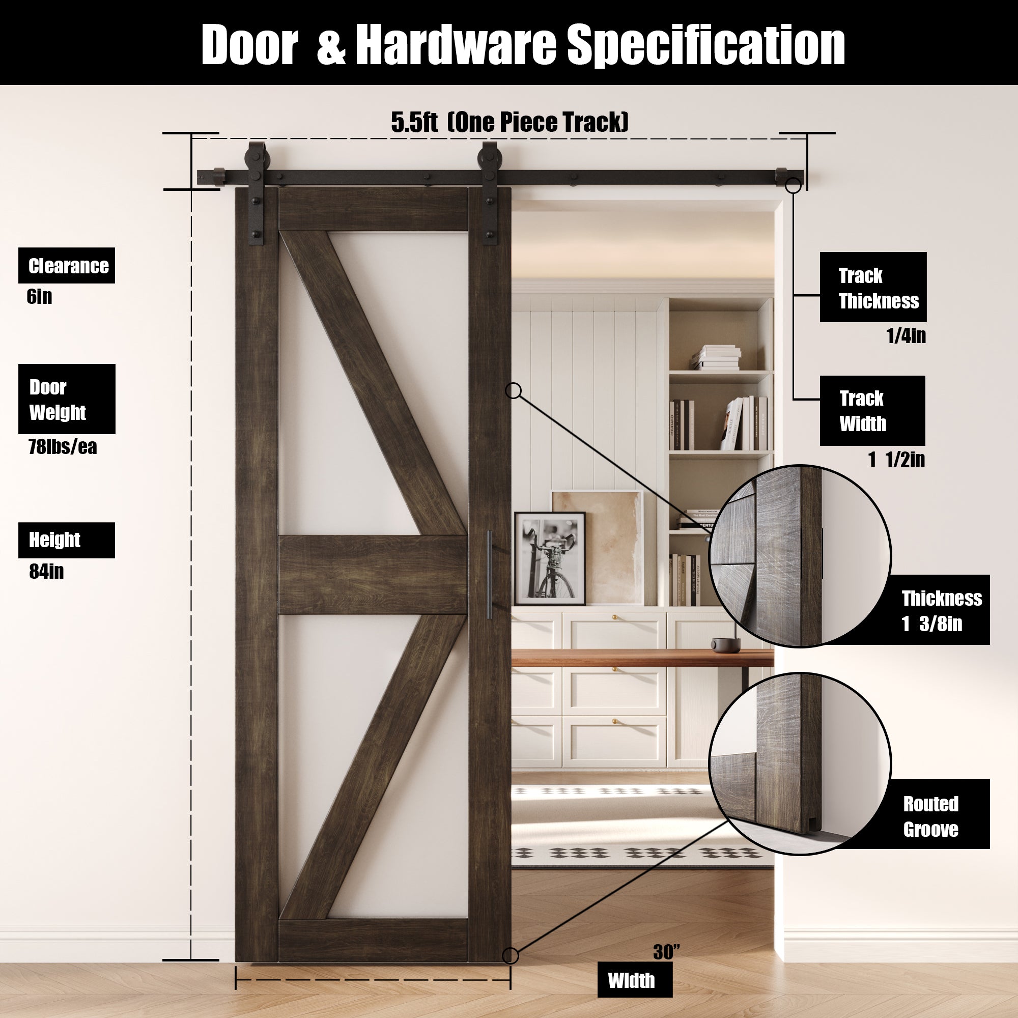 84" Height Ebony Arrow Pattern Glass Unassembled & Finished Pine Wood Barn Door with Non-Bypass Installation Hardware Kit (Interior Use Only)