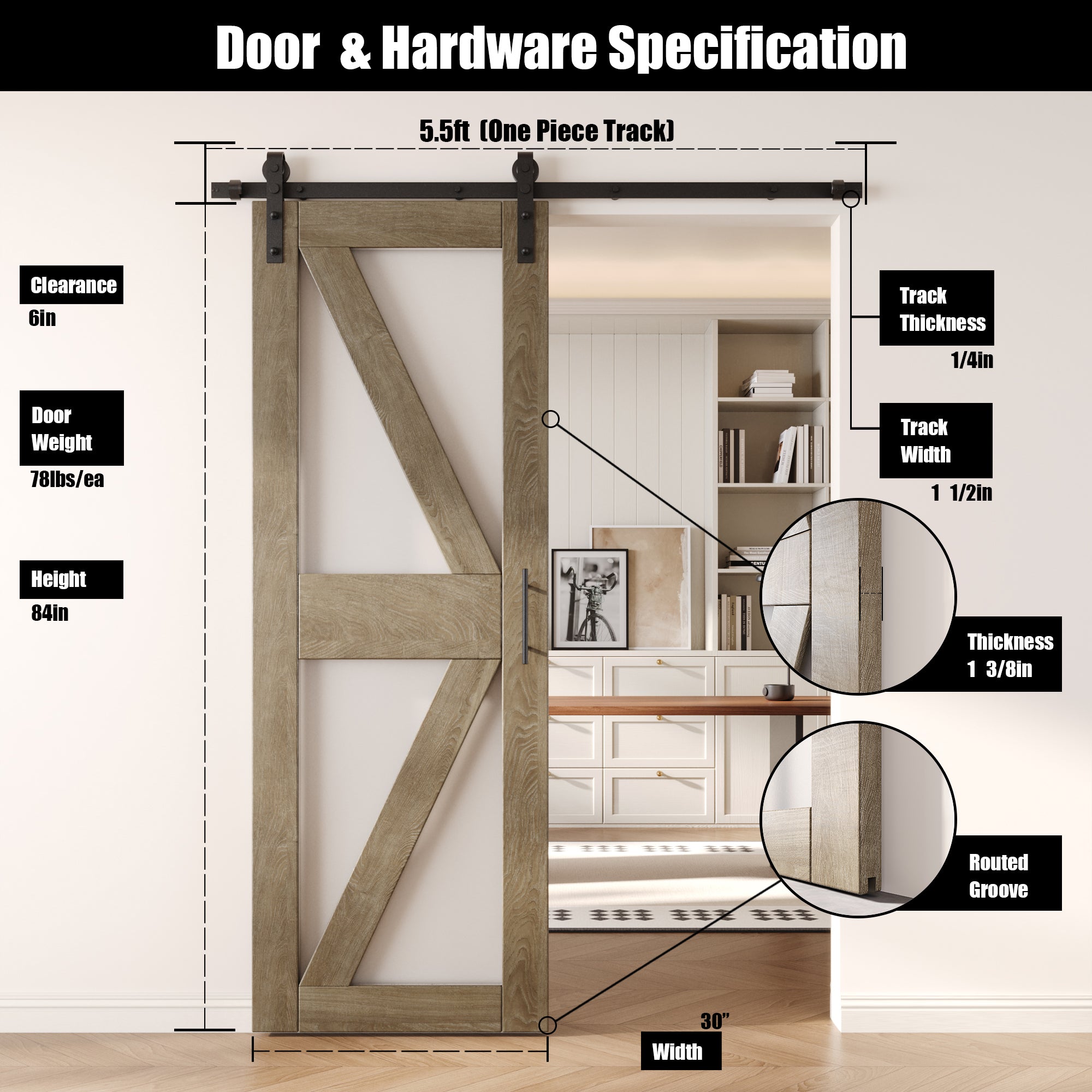 84" Height Classic Gray Arrow Pattern Glass Unassembled & Finished Pine Wood Barn Door with Non-Bypass Installation Hardware Kit (Interior Use Only)