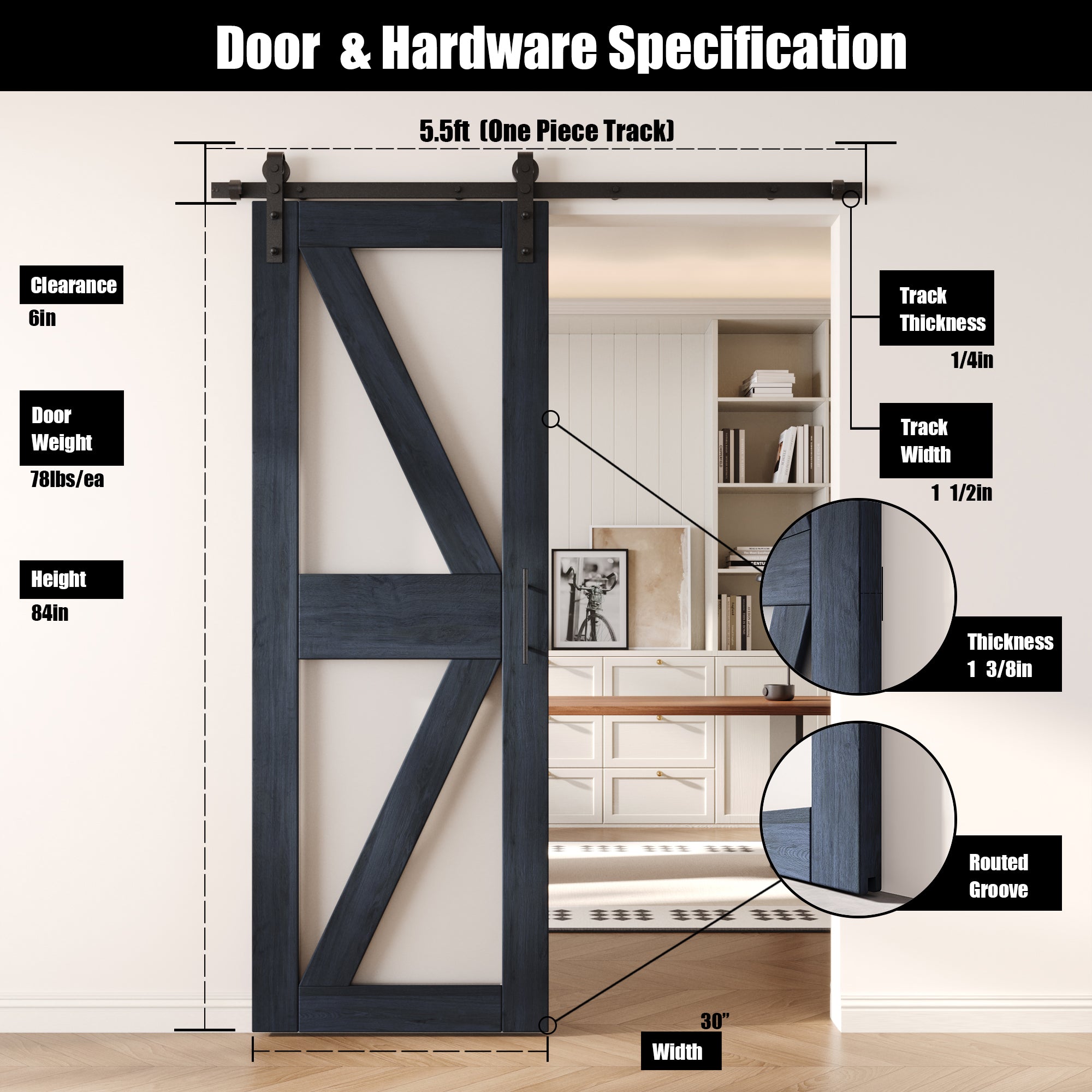 84" Height Navy Arrow Pattern Glass Unassembled & Finished Pine Wood Barn Door with Non-Bypass Installation Hardware Kit (Interior Use Only)
