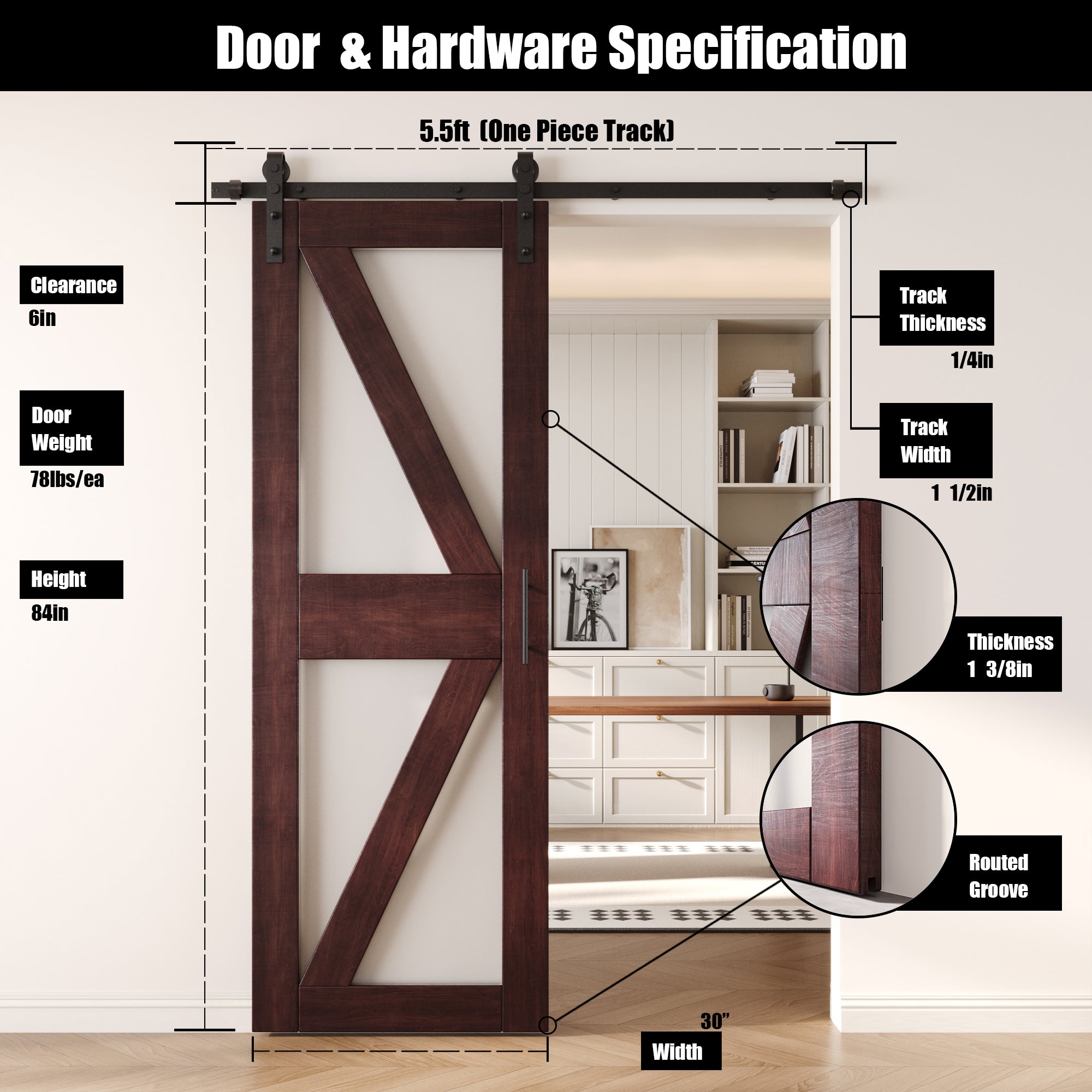 84" Height Red Mahogany Frosted Glass Arrow Design Unassembled & Finished Pine Wood Barn Door with Non-Bypass Installation Hardware Kit (Interior Use Only)