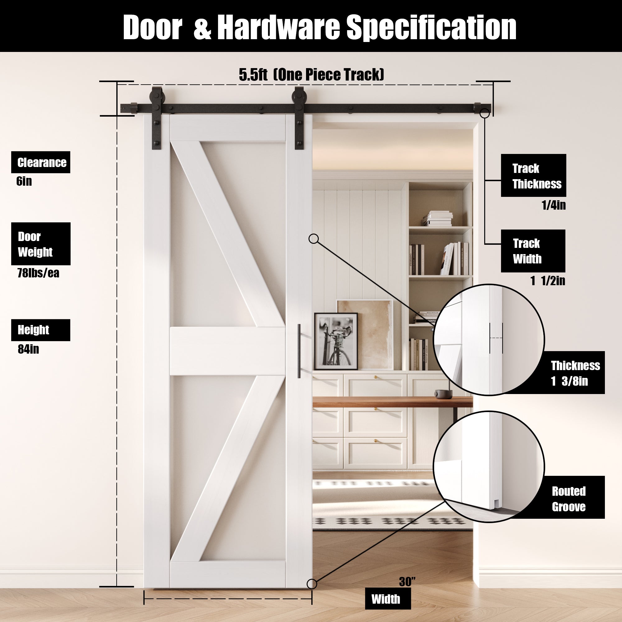 84" Height White Arrow Pattern Glass Unassembled & Finished Pine Wood Barn Door with Non-Bypass Installation Hardware Kit (Interior Use Only)