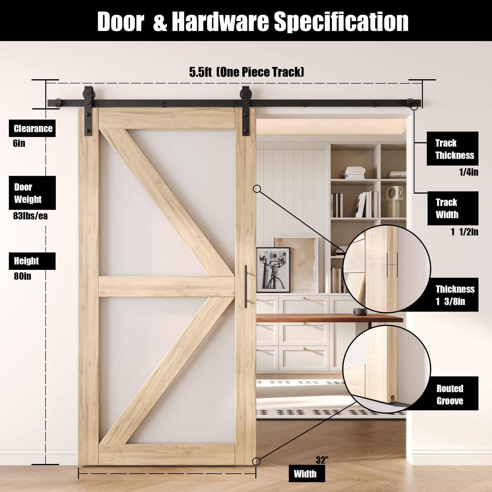80" Height Frosted Glass Arrow Design Unassembled & Unfinished Pine Wood Barn Door with Non-Bypass Installation Hardware Kit (Interior Use Only)