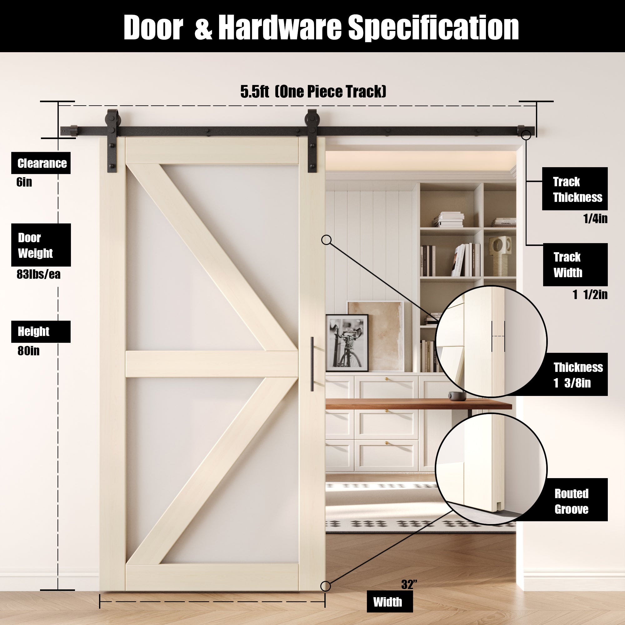 80" Height Tinsmith Gray Arrow Pattern Glass Unassembled & Finished Pine Wood Barn Door with Non-Bypass Installation Hardware Kit (Interior Use Only)
