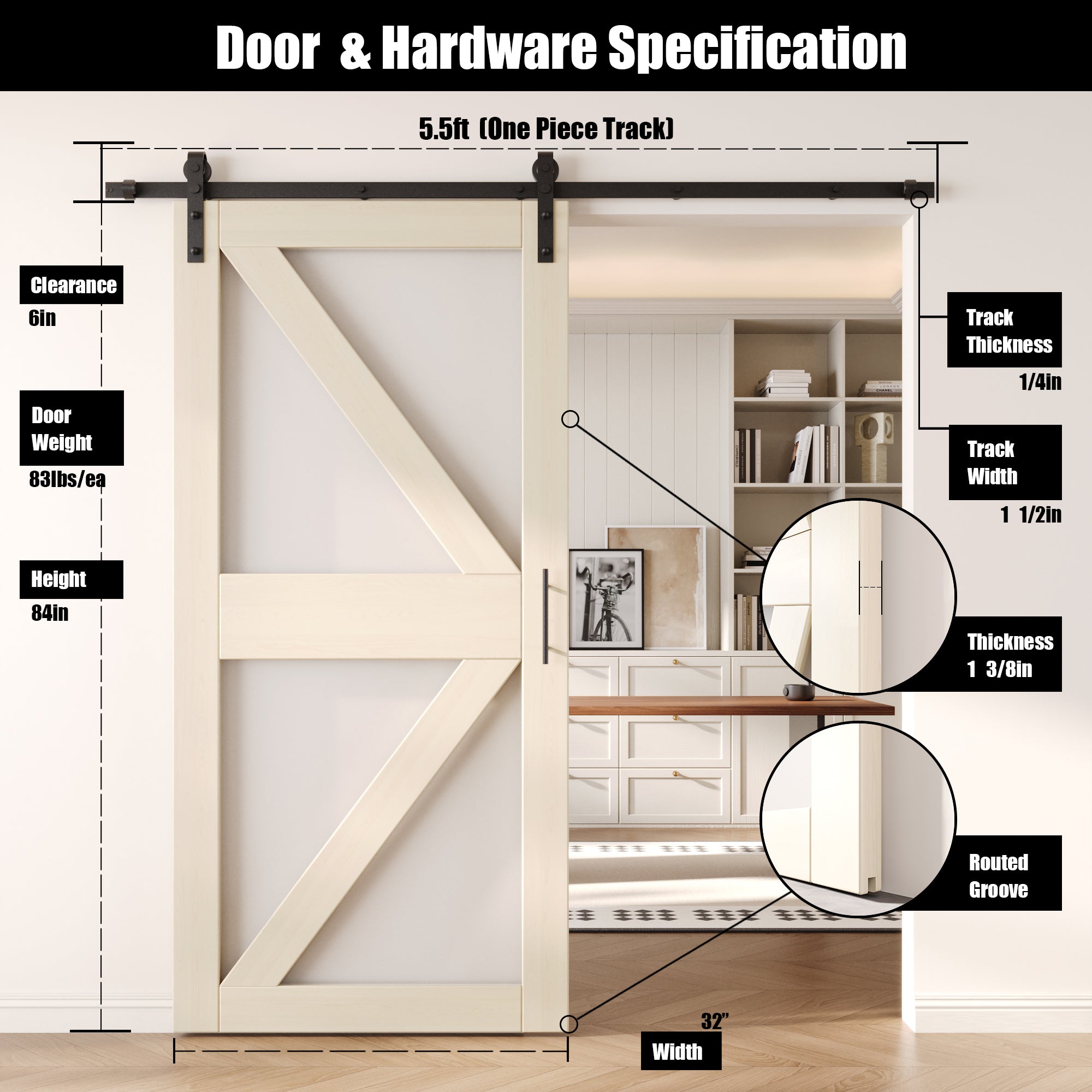 84" Height Tinsmith Gray Frosted Glass Arrow Design Unassembled & Finished Pine Wood Barn Door with Non-Bypass Installation Hardware Kit (Interior Use Only)