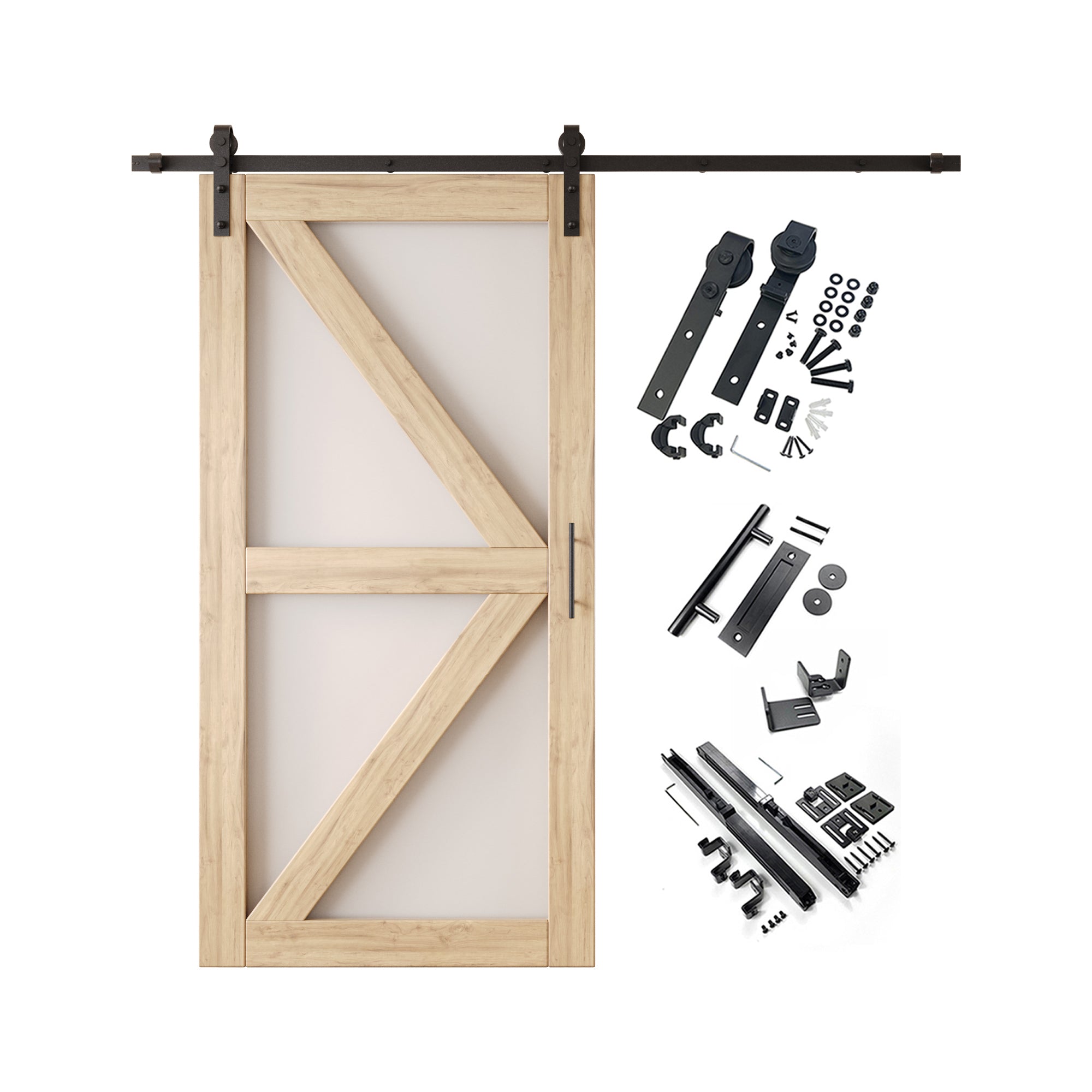 80" Height Frosted Glass Arrow Design Unassembled & Unfinished Pine Wood Barn Door with Non-Bypass Installation Hardware Kit (Interior Use Only)